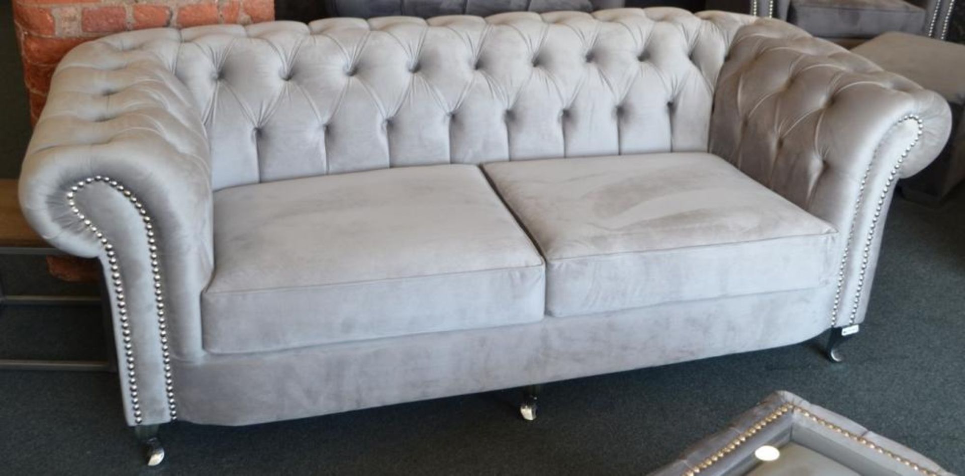 1 x Chesterfield Light Grey Velour 2 Seater Sofa . A Class Design &amp; lovly soft sofa resting on c