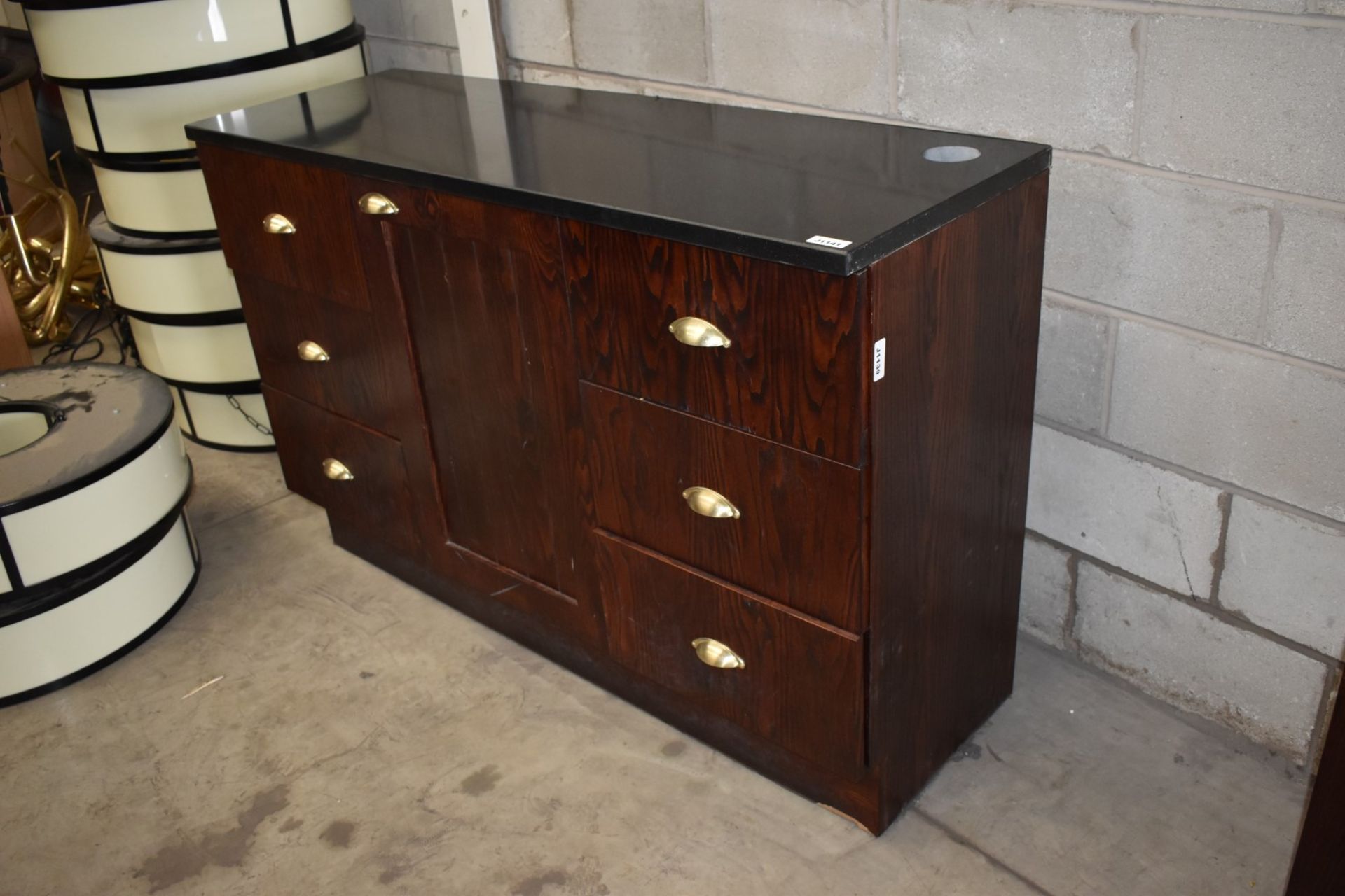 1 x Waitress Server Counter With Dark Wood Finish, Brass Hardware and Stone Top - H96 x W150 x D52 - Image 11 of 11