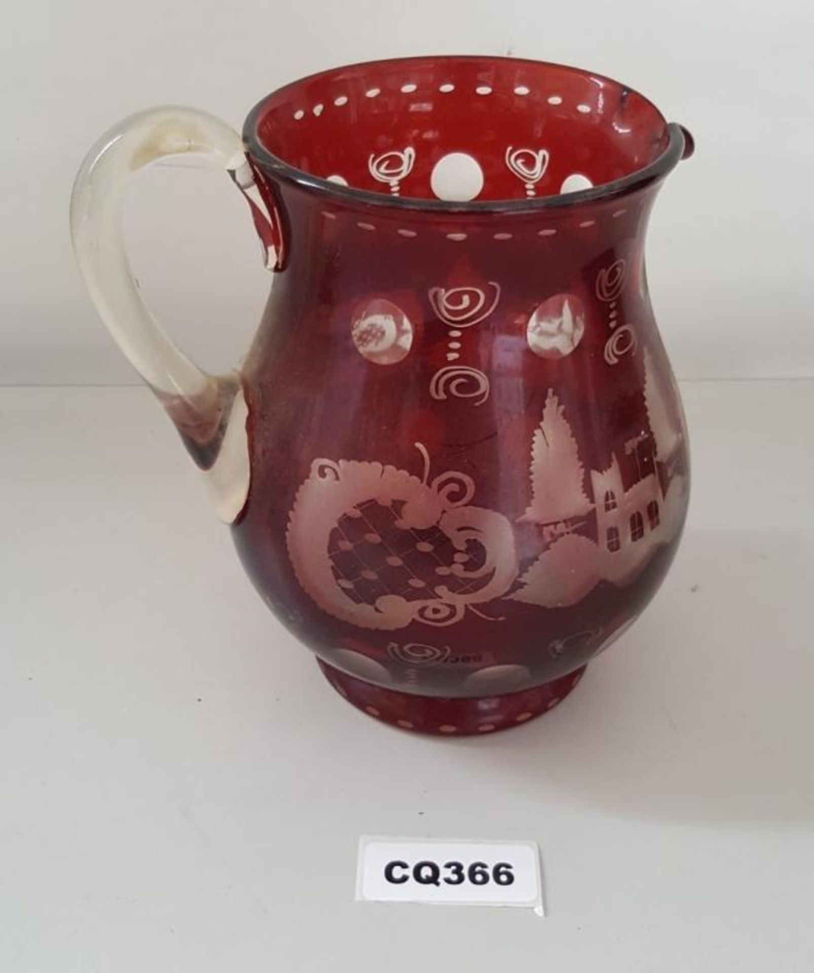 1 x Egermann Antique Glass Pitcher In Ruby Red With Clear Handle - Ref CQ366 E - Dimensions: H19/L17