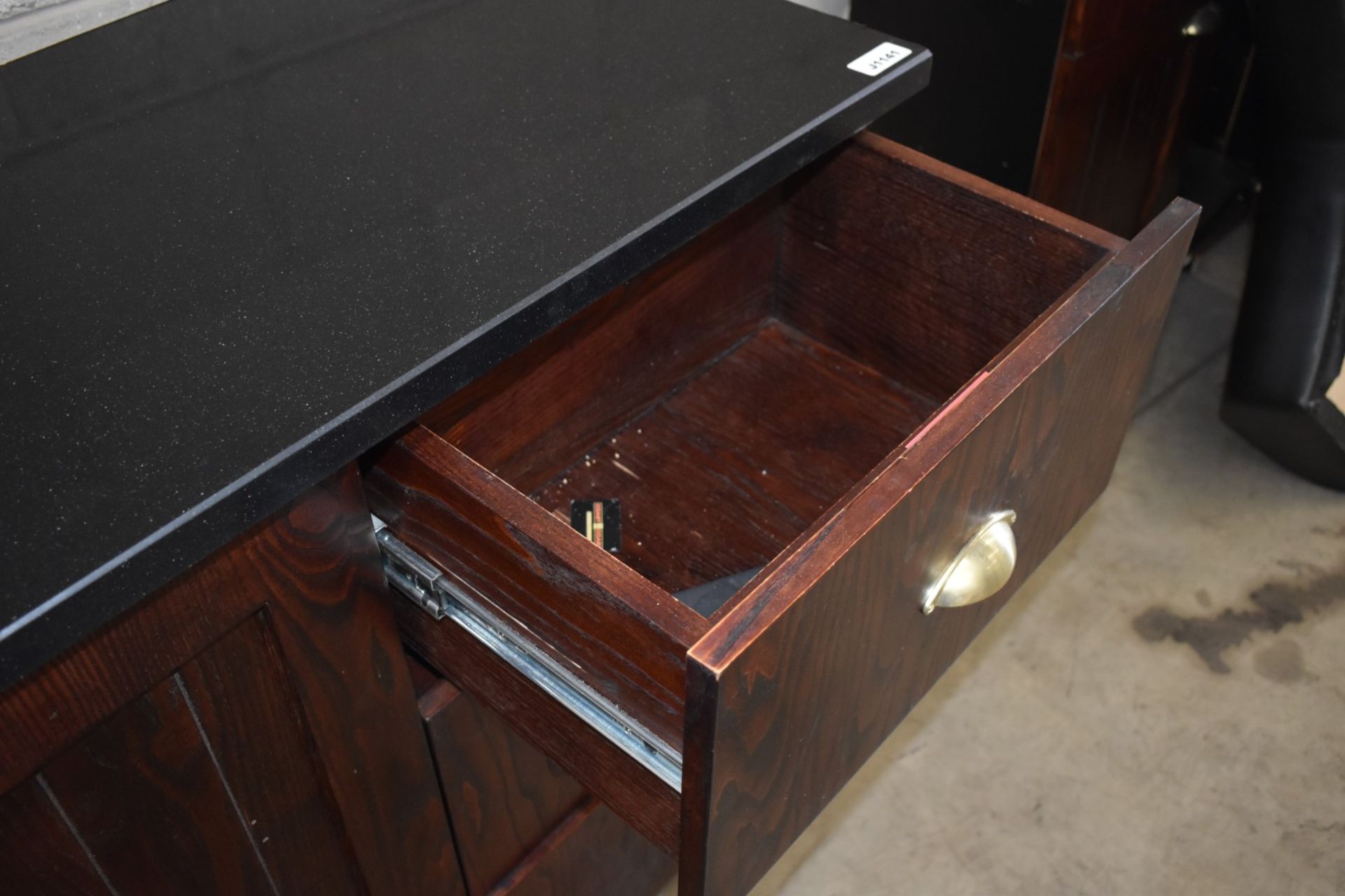 1 x Waitress Server Counter With Dark Wood Finish, Brass Hardware and Stone Top - H96 x W150 x D52 - Image 9 of 11