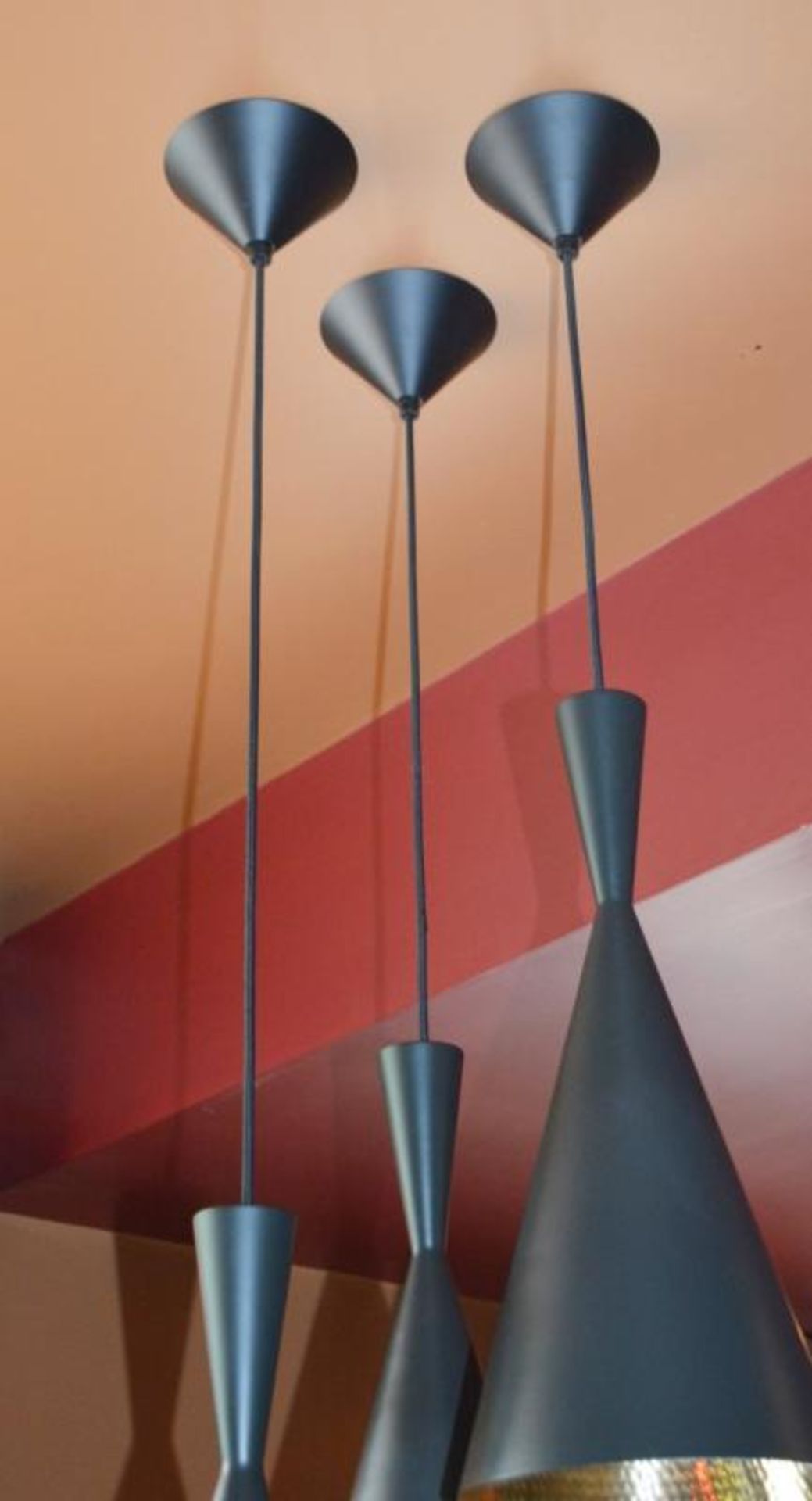 5 x Triple Pendant Light Fittings in Black With Pitted Brass Interior - Max Drop Appox 110 cms x - Image 4 of 4