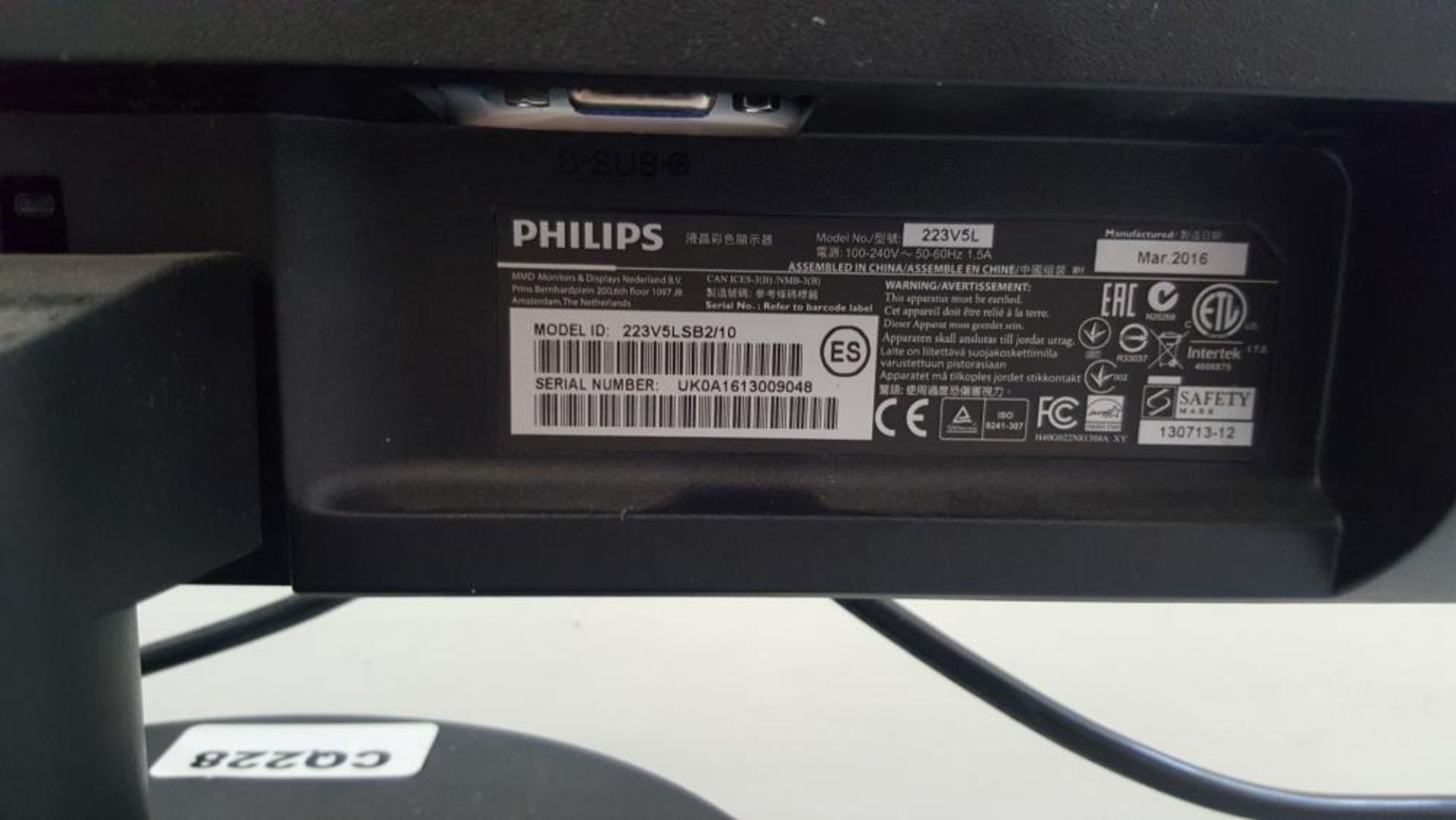 1 x Philips 223V5LSB2/10 21.5-Inch Computer Monitor - Ref CQ228/K2 - CL379 - Location: Altrincham WA - Image 3 of 3