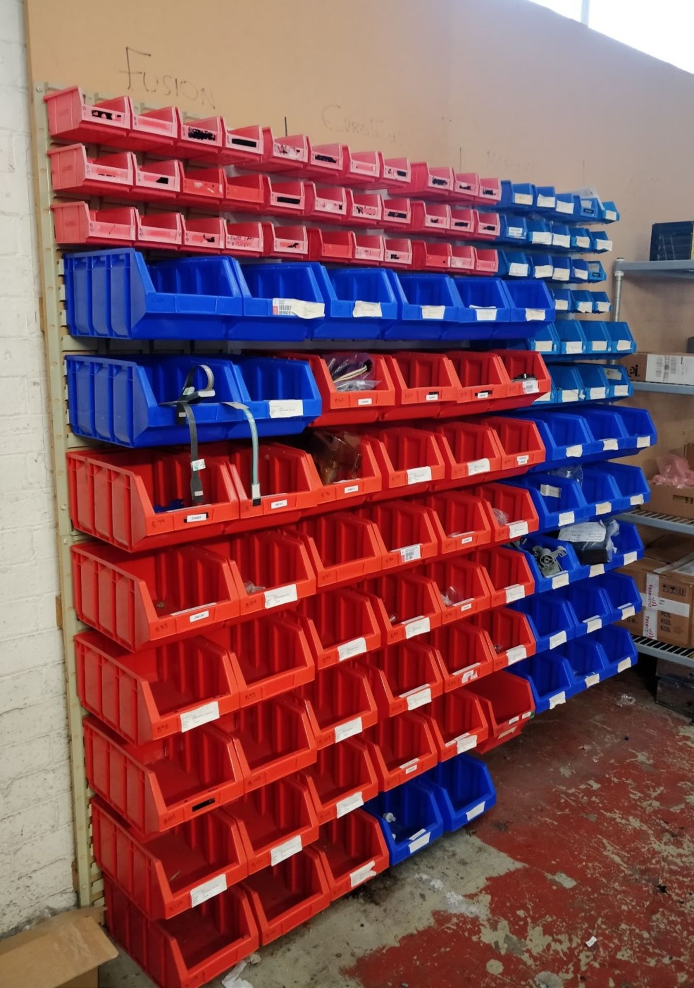 Approx 220 x Lin Bin Containers With Wall Mounted Holders - Various Sizes and Colours Included - Ref