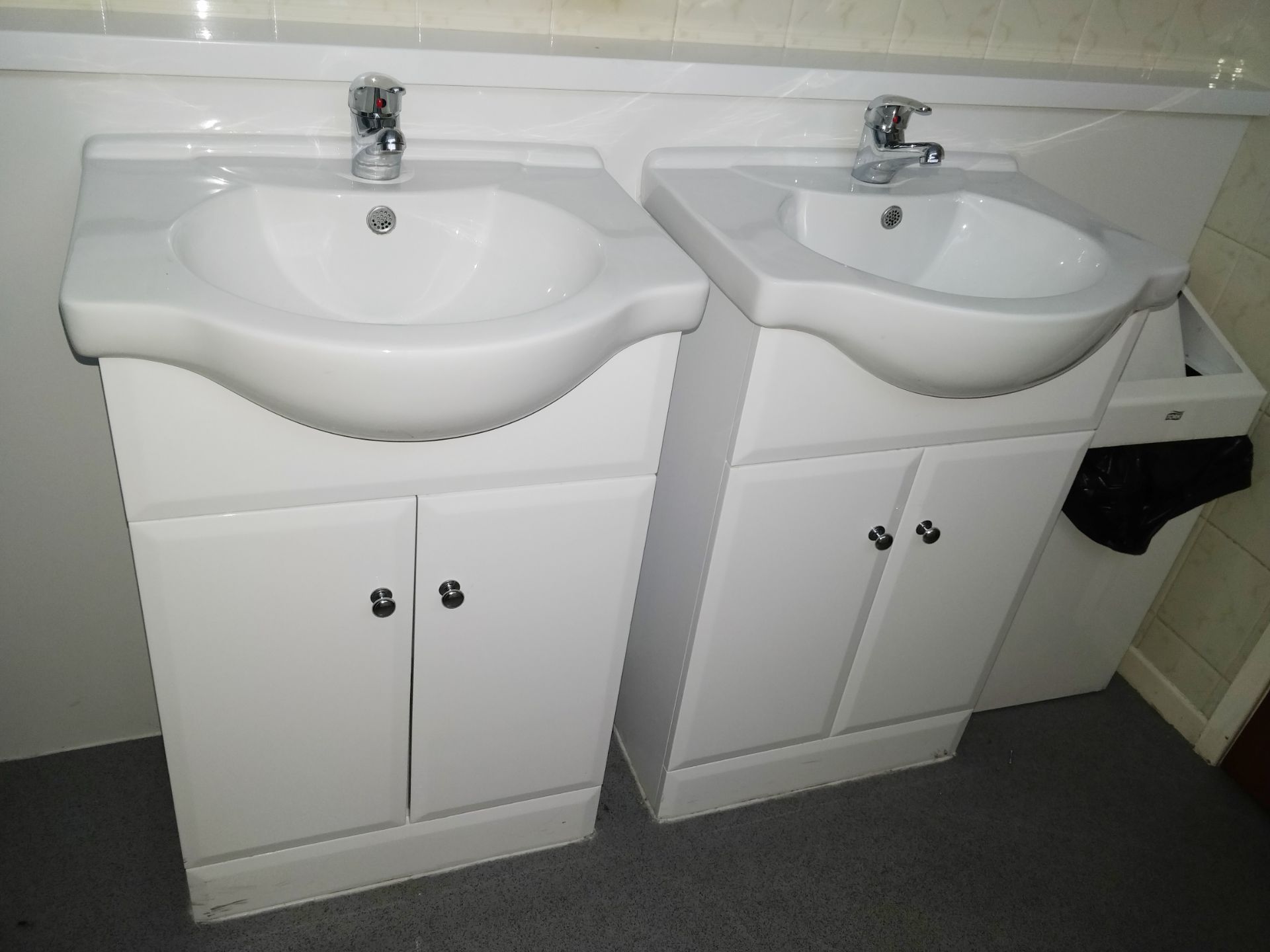 2 x Single Sink Bathroom Vanity Units in White Gloss With Ceramic Sink, Chrome Mixer Tap, Towel