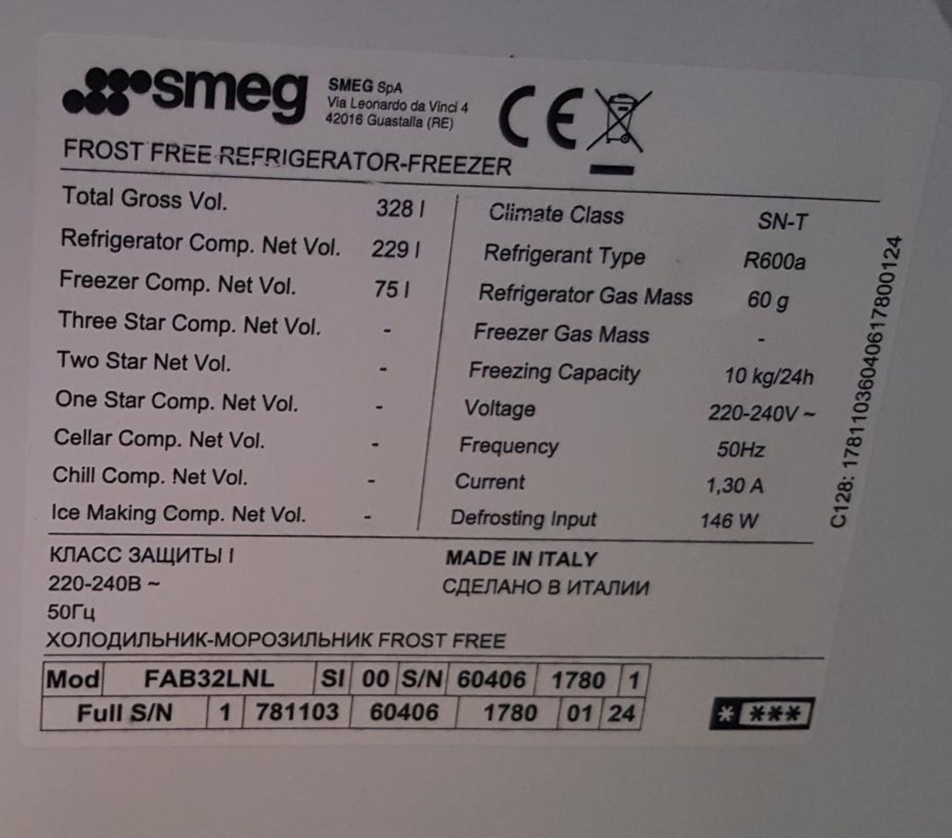 1 x Smeg FAB32LNL Green Retro Frost Free Fridge Freezer - Ref BY298 - H190/W65/L60cm - CL391 - Locat - Image 3 of 5