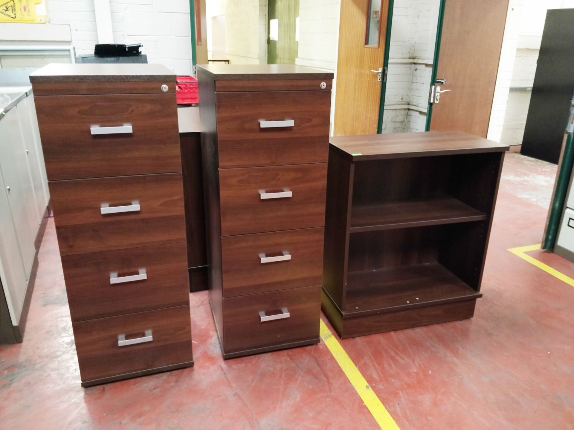 5 x Piece Contemporary Walnut Office Furniture Set - Includes Filing Cabinets, Pedestal, Cupboard