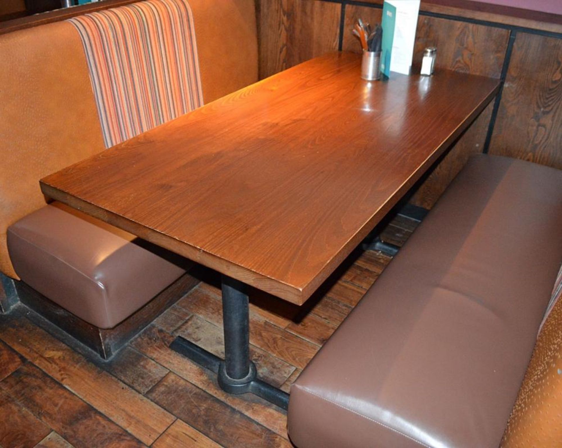 6 x Large Wooden Rectangular Restaurant Tables With Cast Iron Bases - Dimensions: H75 x W120 x D75cm