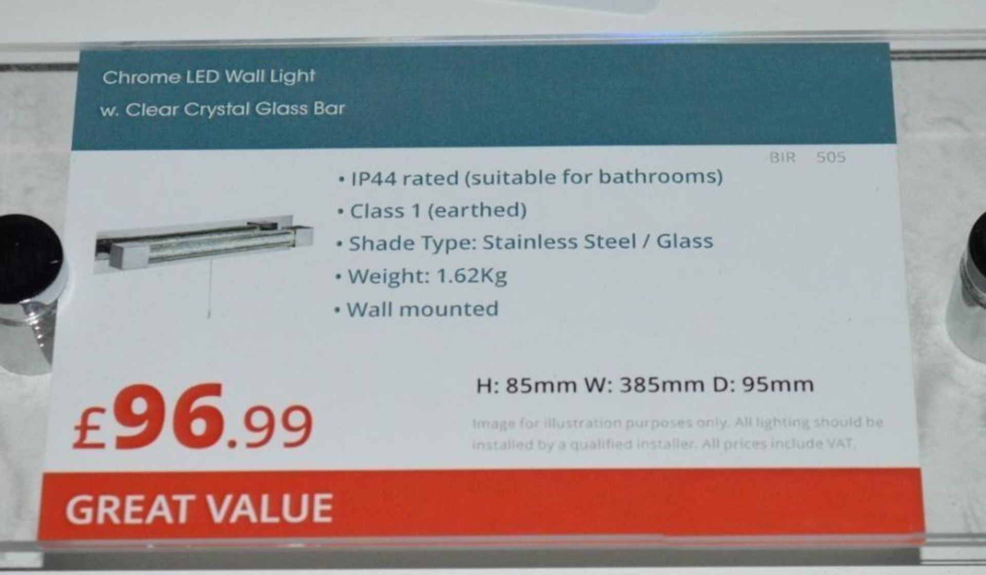 1 x Chrome LED Wall Light With Clear Crystal Glass Bar Diffuser - LED With Handy Pull Cord Switch - - Image 2 of 5
