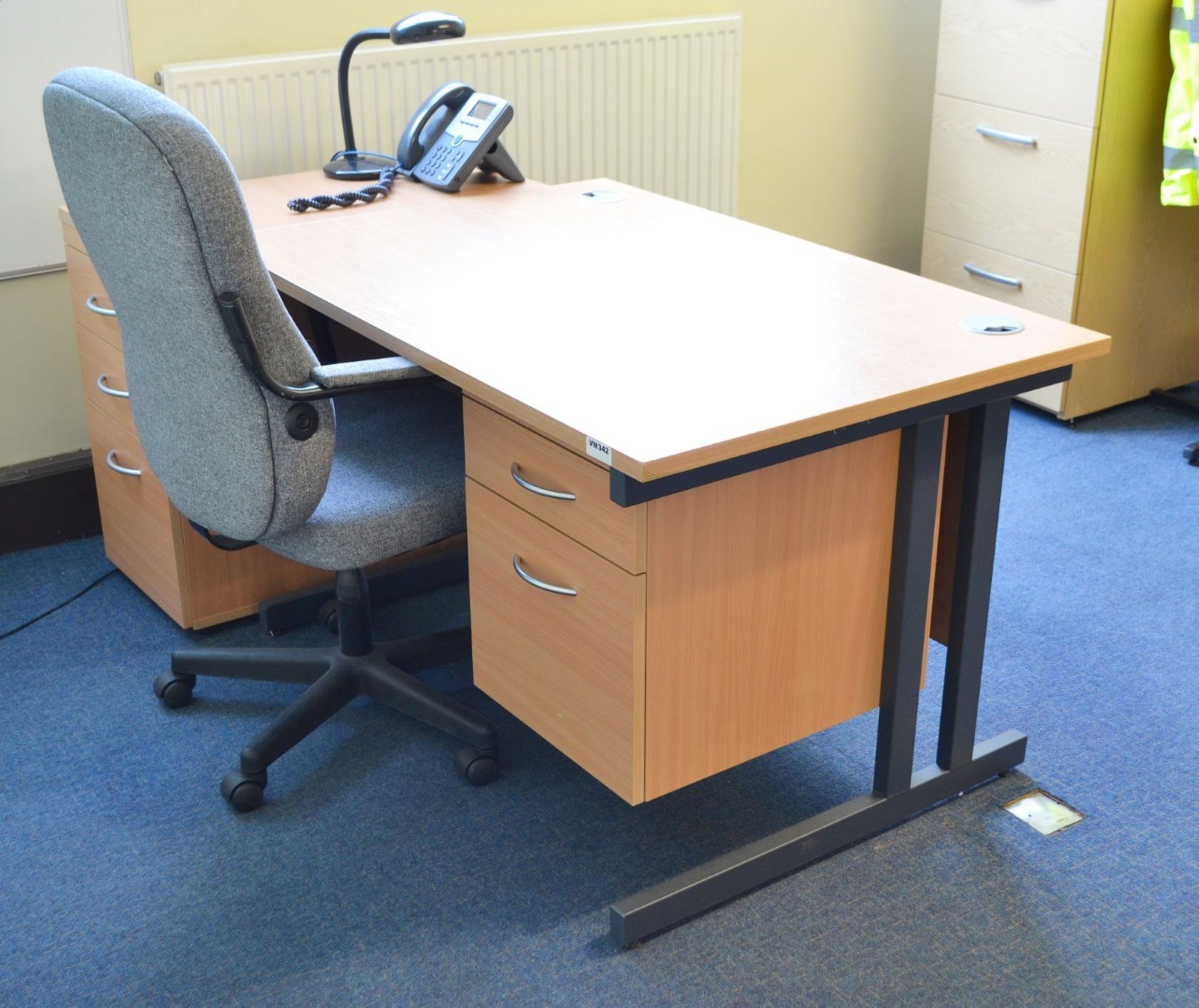 1 x Beech Office Desk Set With Drawer Pedestal, Chair and Storage Cabinet - Ref: VM342,VM346/A35