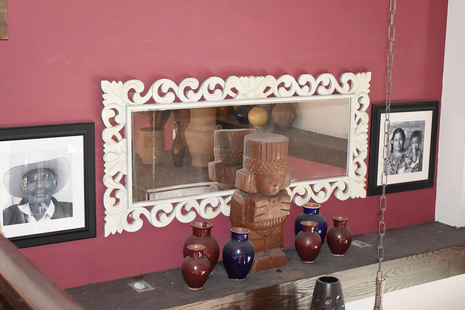 3 x Large Rectangular Wall Mirrors With Ornate Carved Wooden Frames In A Rustic White Wash