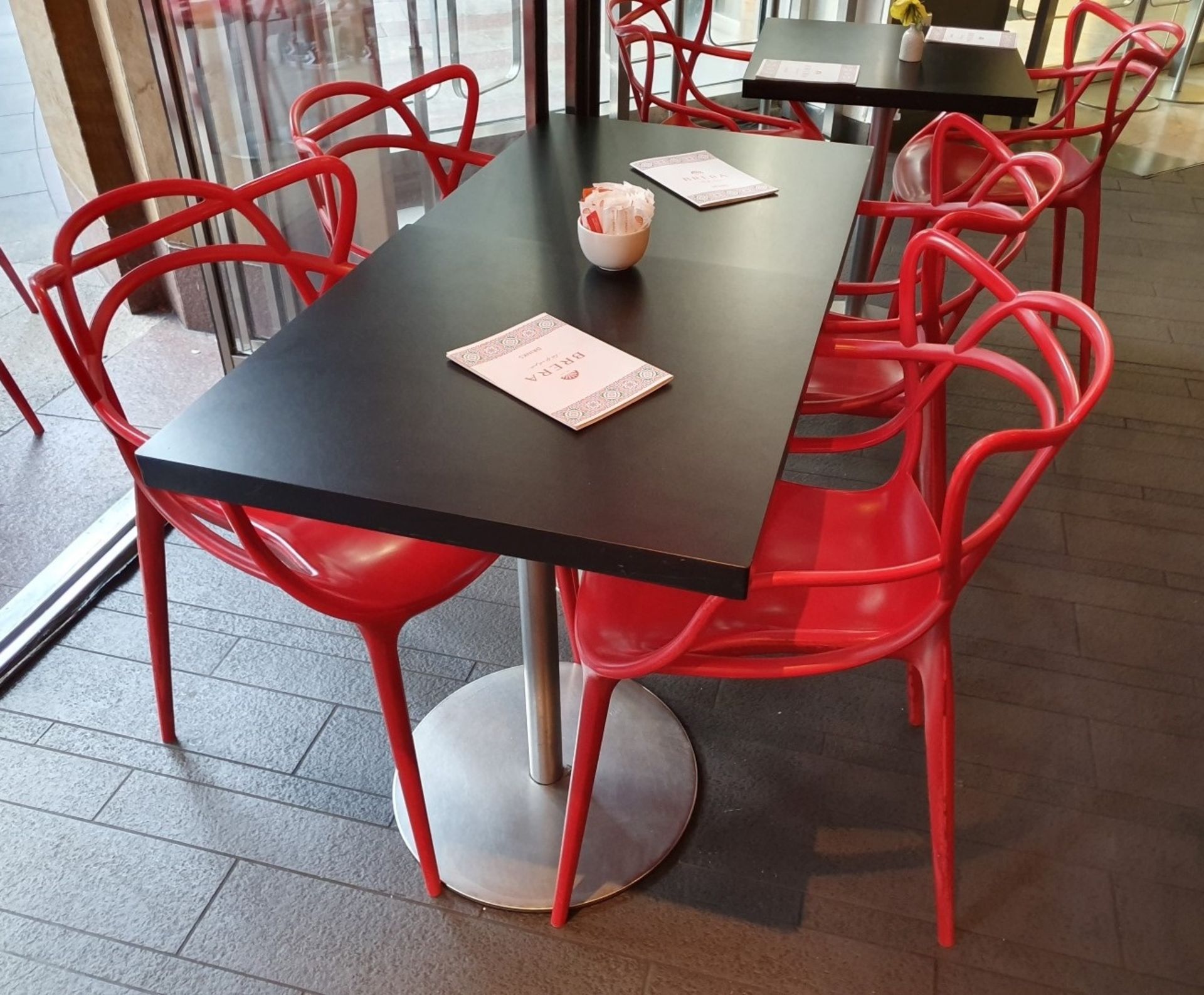 4 x Square Black Indoor Cafe Tables with Chrome Bases - Dimensions: 60 x 60 x Height 74cm - Ref: