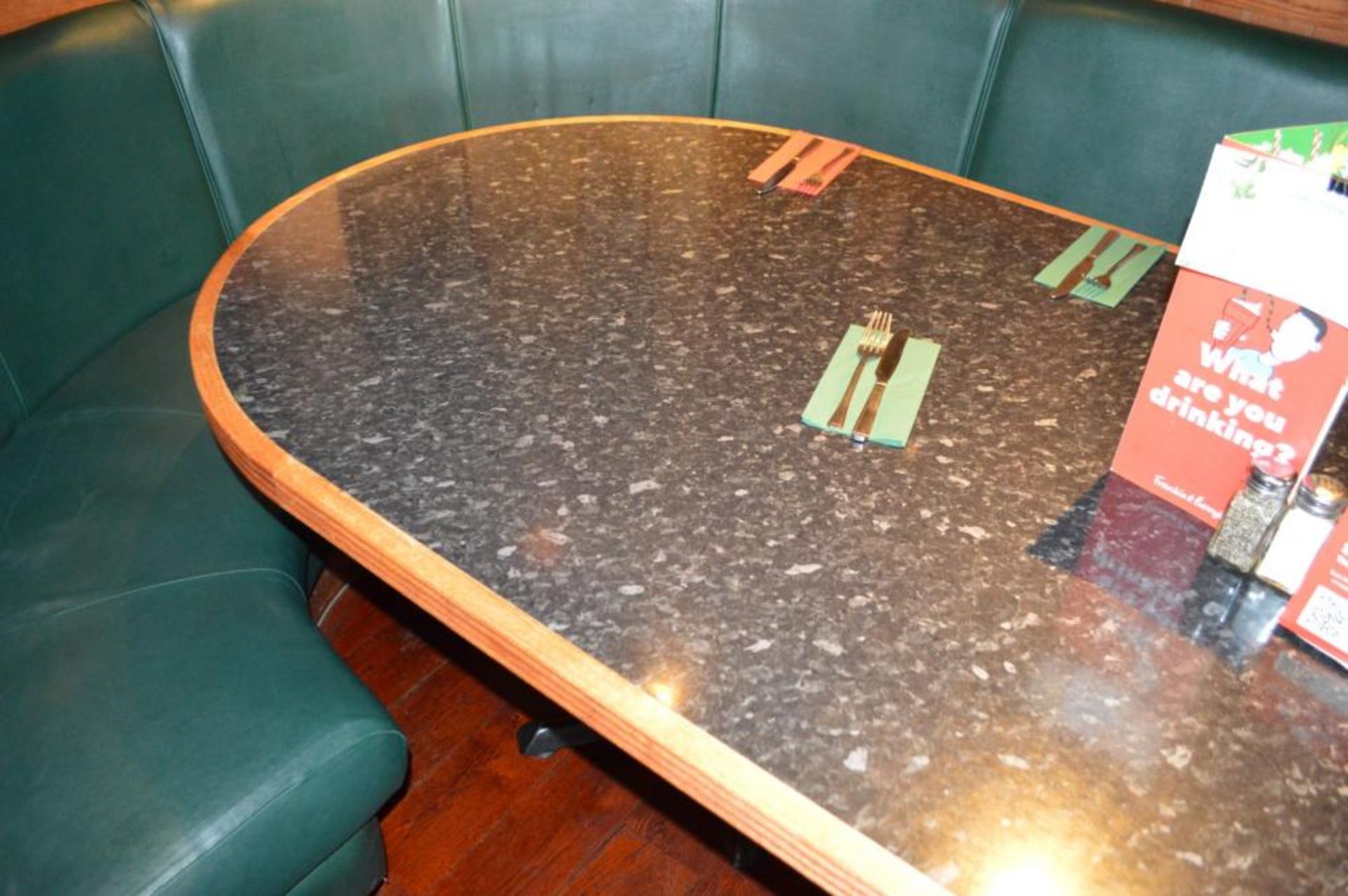 1 x Long Banquetting Table With Granite Effect Surface, Wooden Edging and Cast Iron Base - H77 x W23 - Image 2 of 5