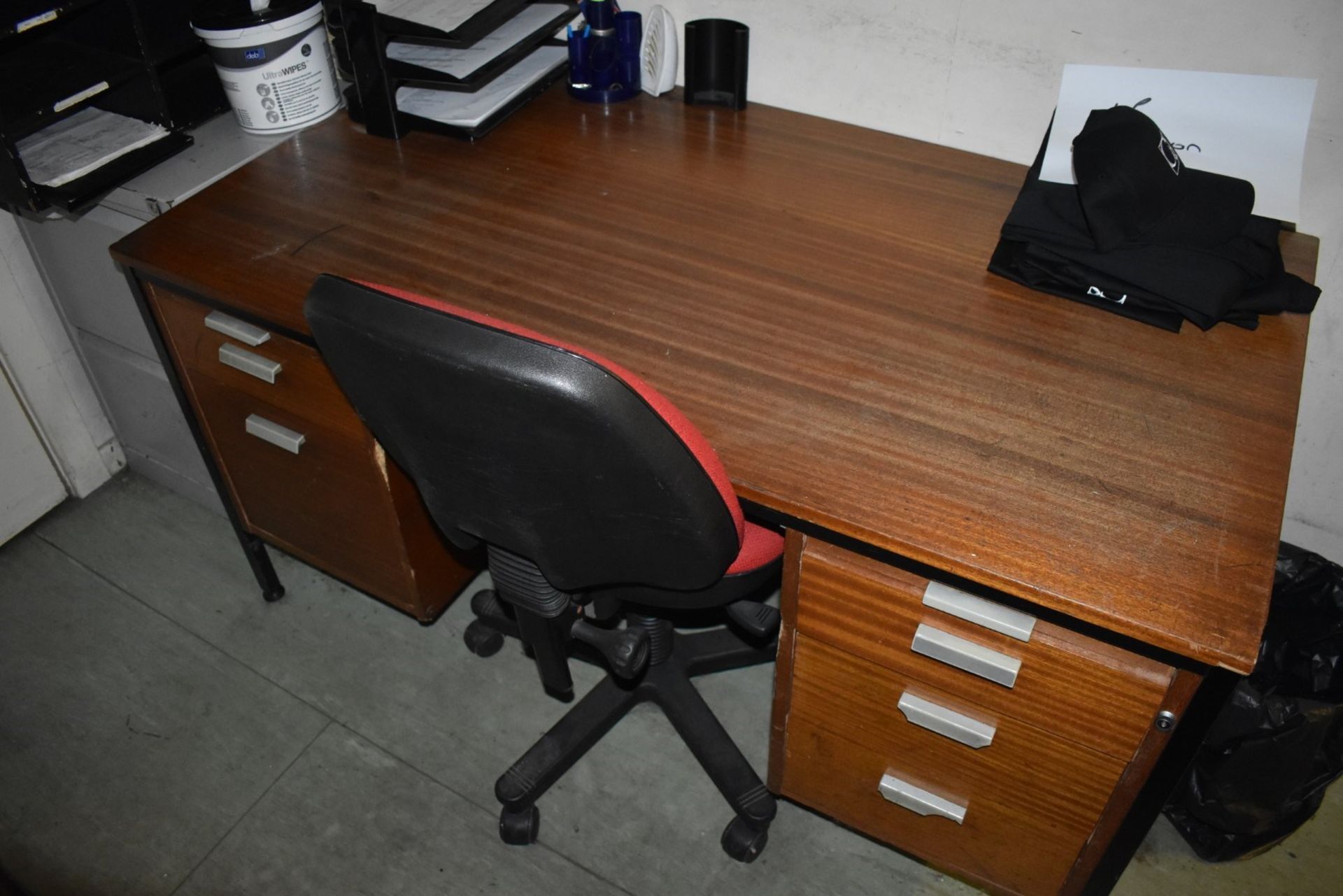 1 x Assorted Collection of Office Furniture - Includes Desk, Two Office Chairs, A4 Pigeon Hole,