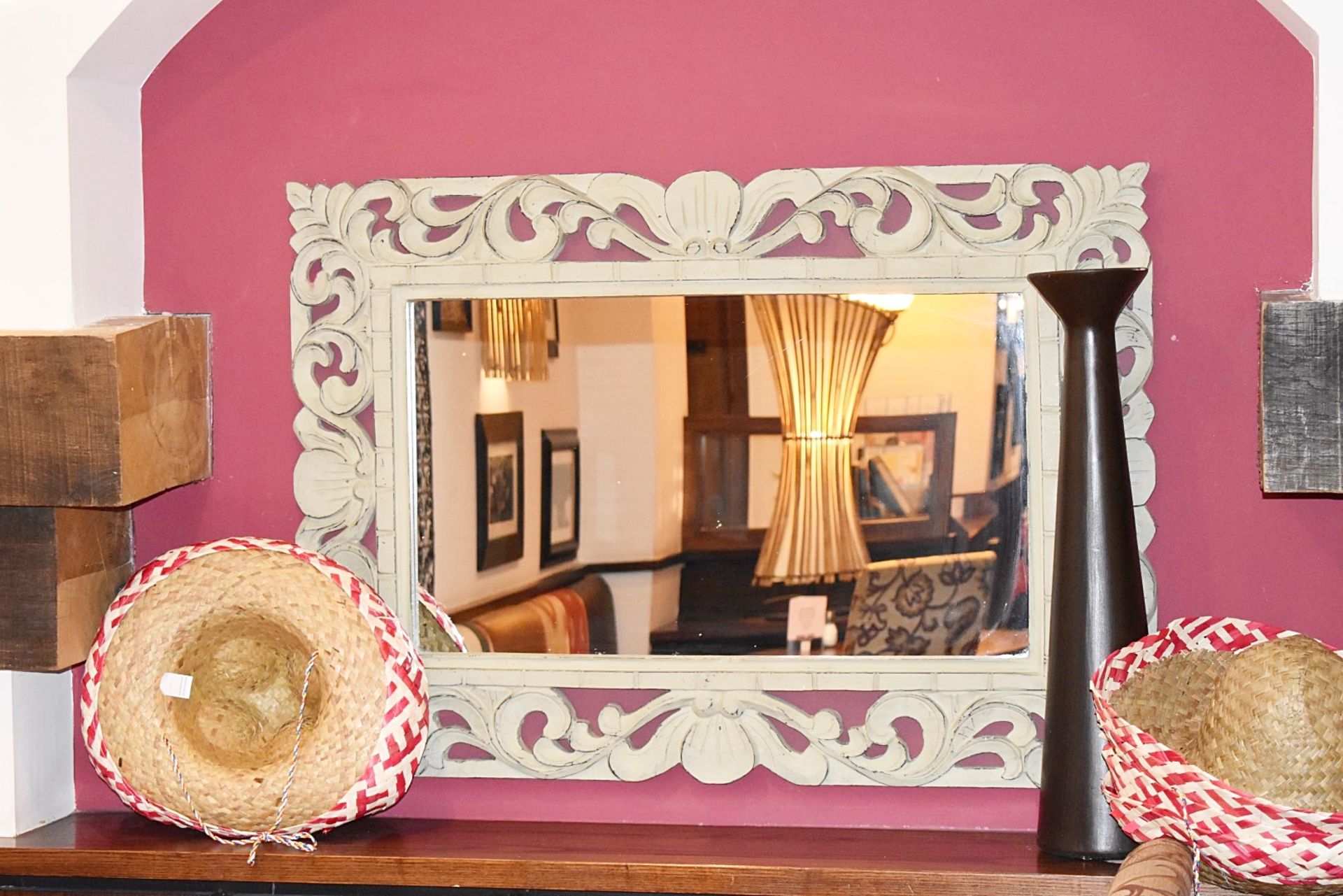 3 x Large Rectangular Wall Mirrors With Ornate Carved Wooden Frames In A Rustic White Wash - Image 4 of 5