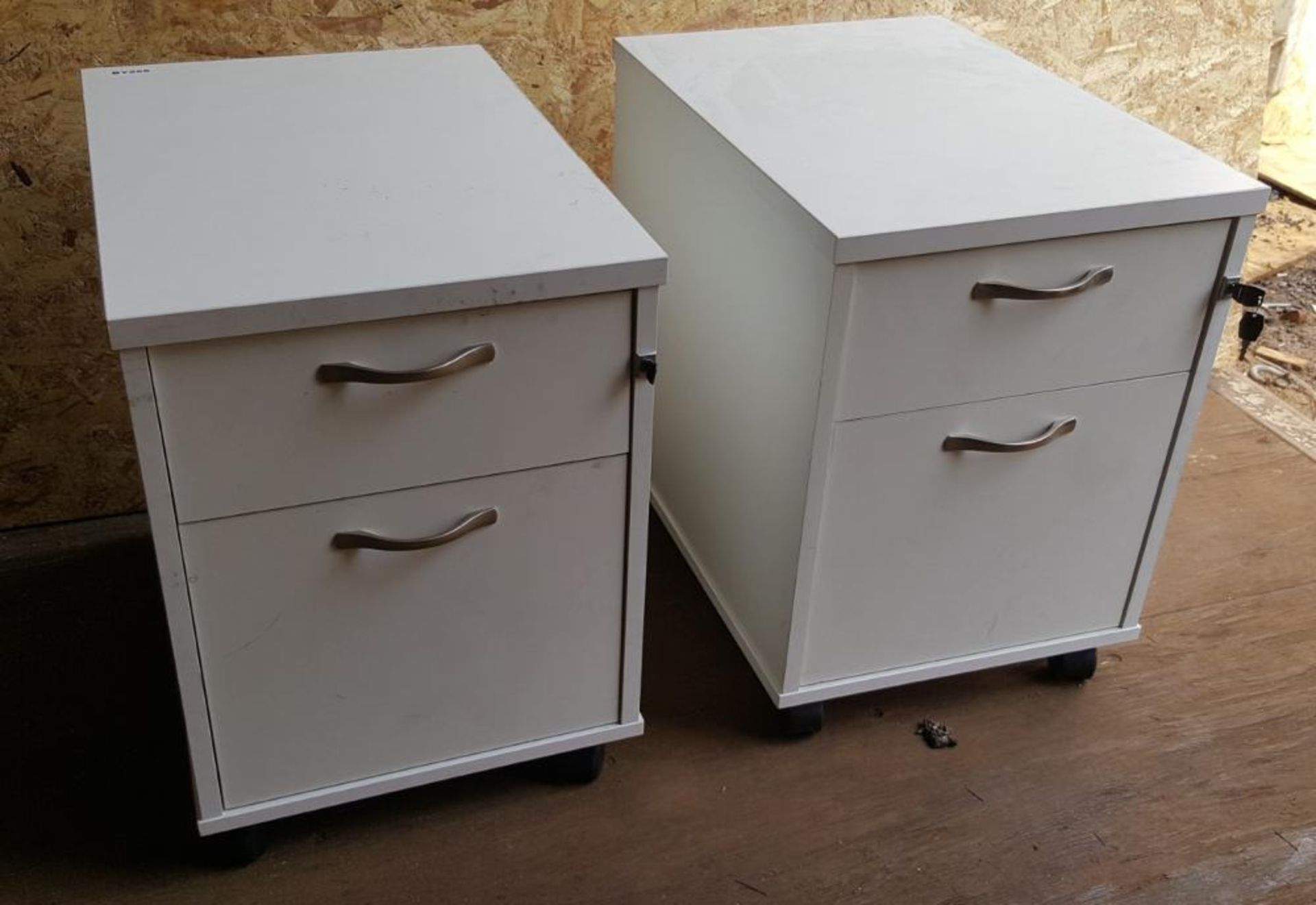 Matching Pair Of Mobile Under-Counter Wooden Lockable Office Drawers In White On Castors - Ref BY294