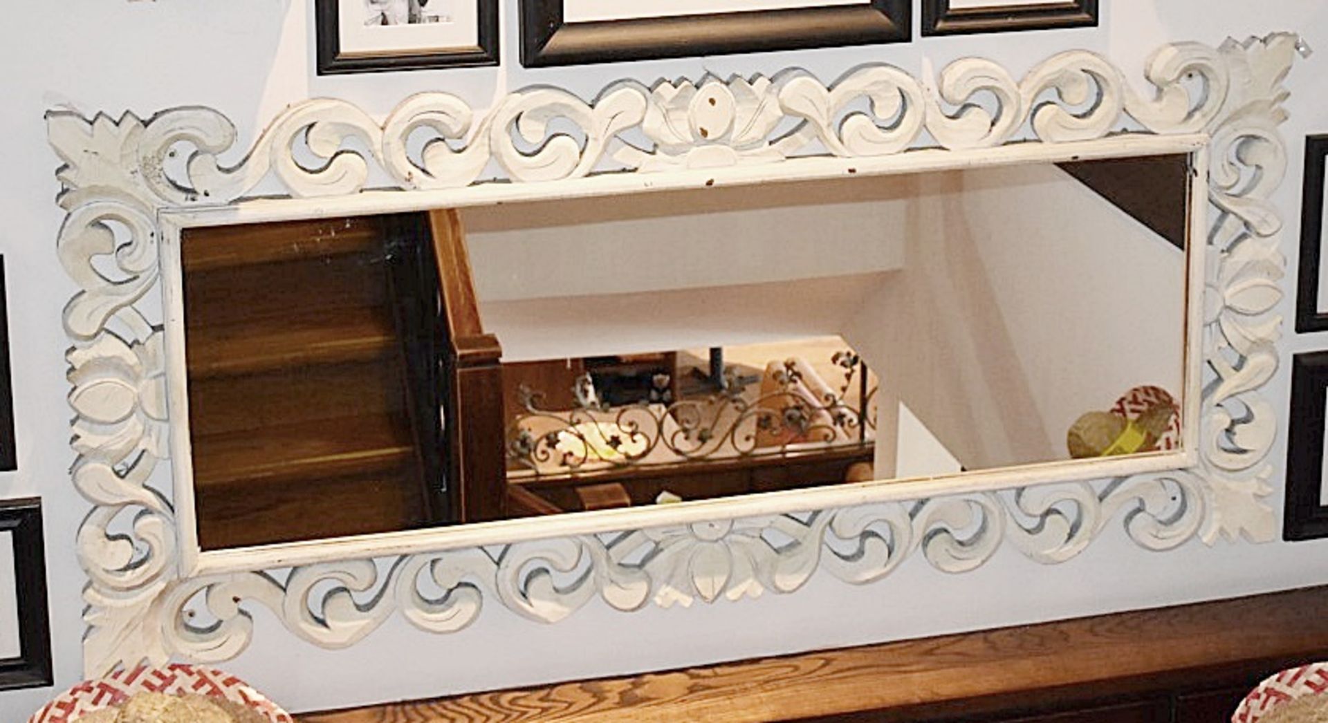 3 x Large Rectangular Wall Mirrors With Ornate Carved Wooden Frames In A Rustic White Wash - Image 3 of 5