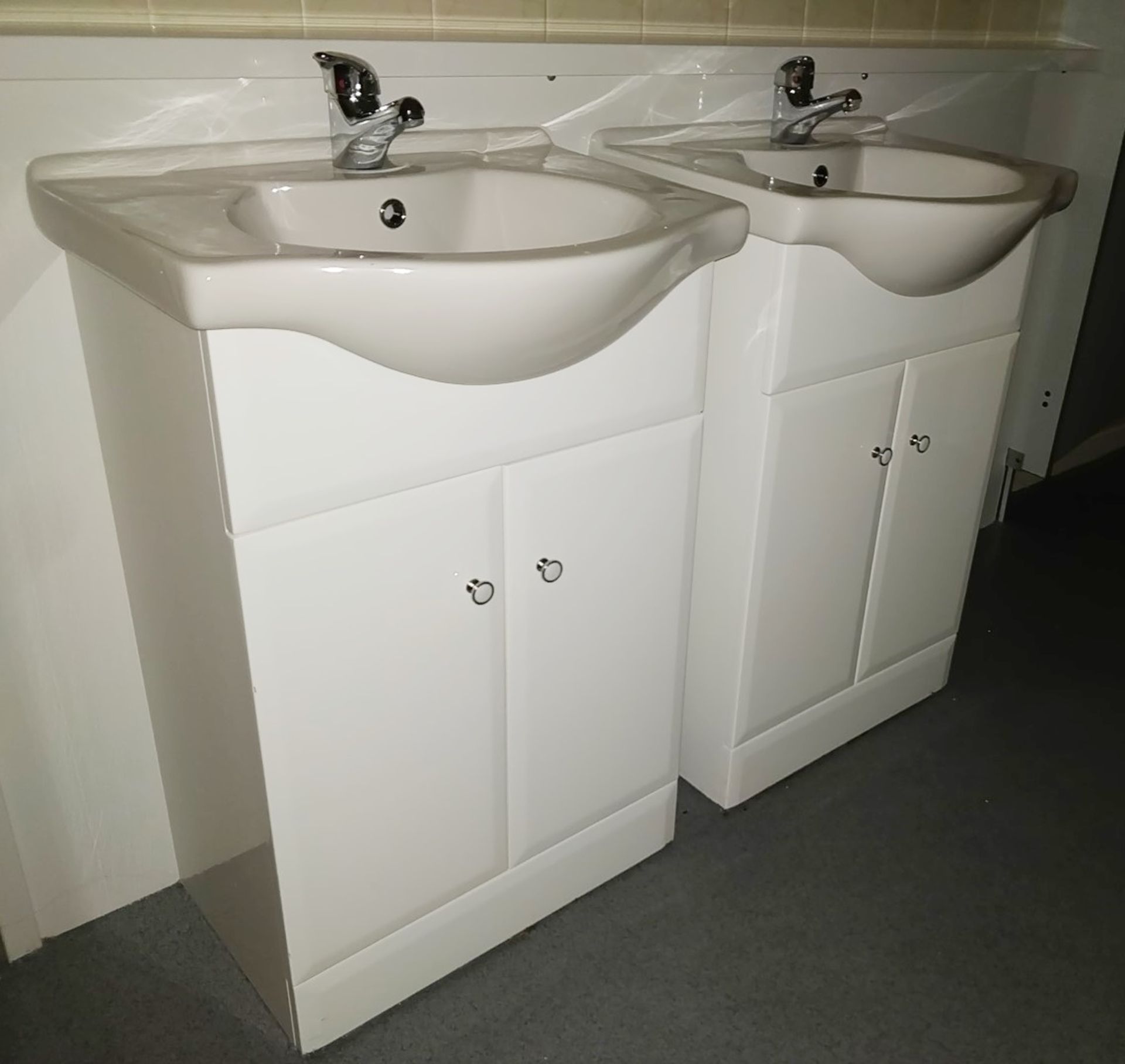 2 x Single Sink Bathroom Vanity Units in White Gloss With Ceramic Sink, Chrome Mixer Tap, Towel