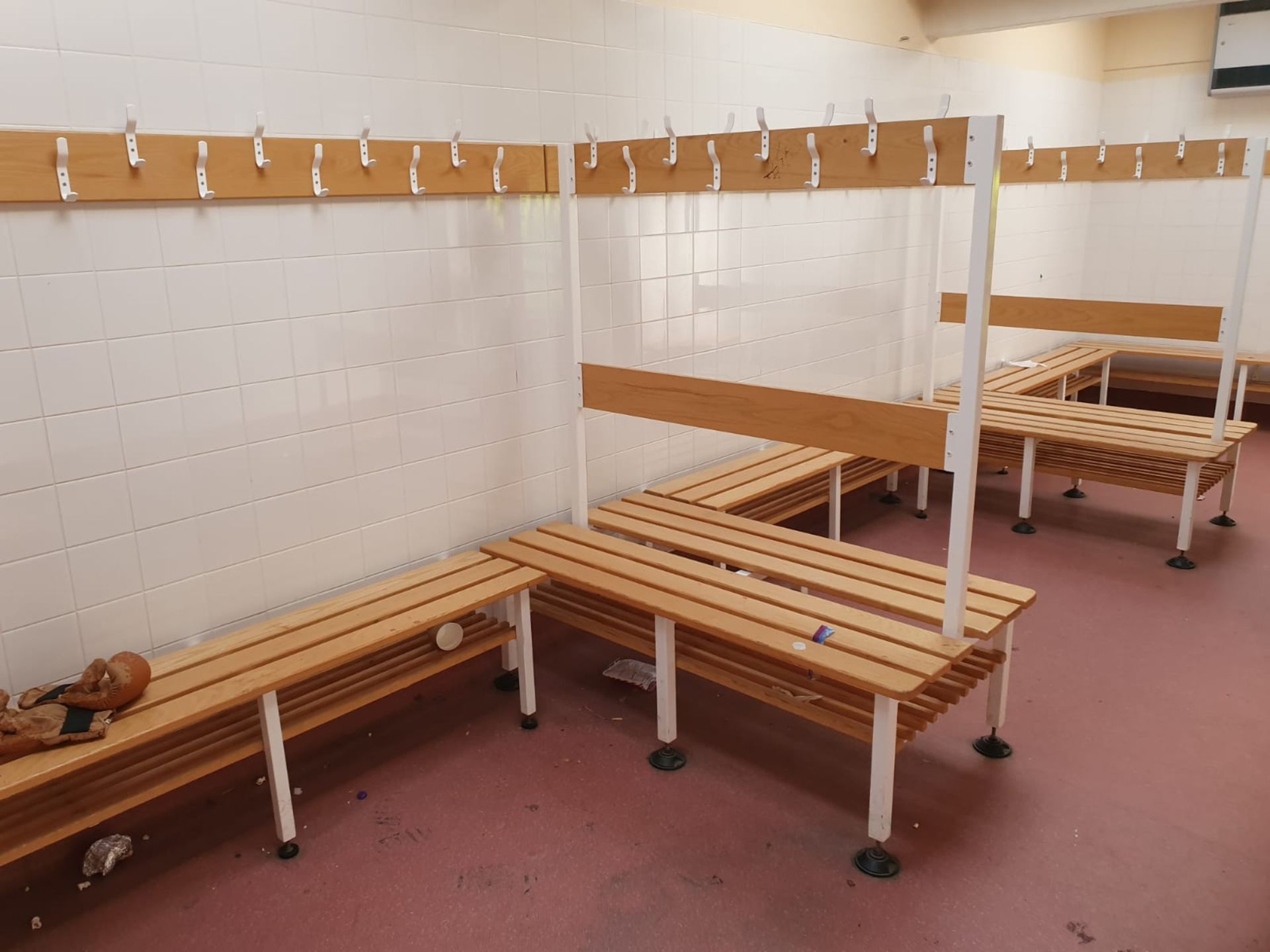 12 x Pieces of Sports Changing Room Furniture - Includes 5 x Benches, 5 x Coak Hooks and 2 x Back to