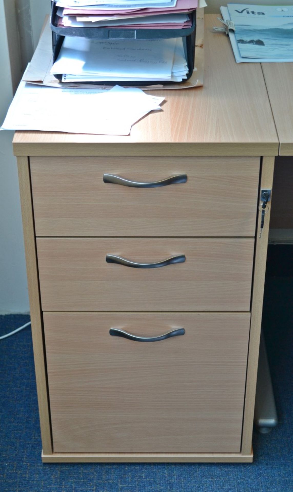 1 x Left Sided Desk And A Matching Pedestal Finished In Beech - CL409 - Ref: VM371 - Location: WF16 - Image 3 of 3