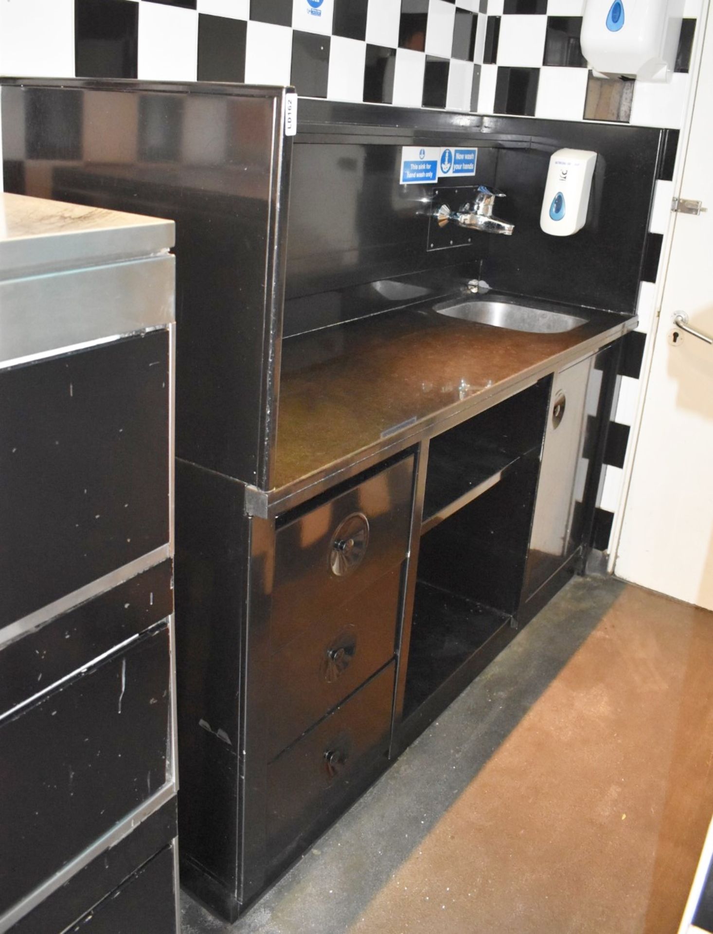 1 x Commercial Kitchen Prep Unit With Stone Surfaces, Enclosed Splashback and Side, Drawers With