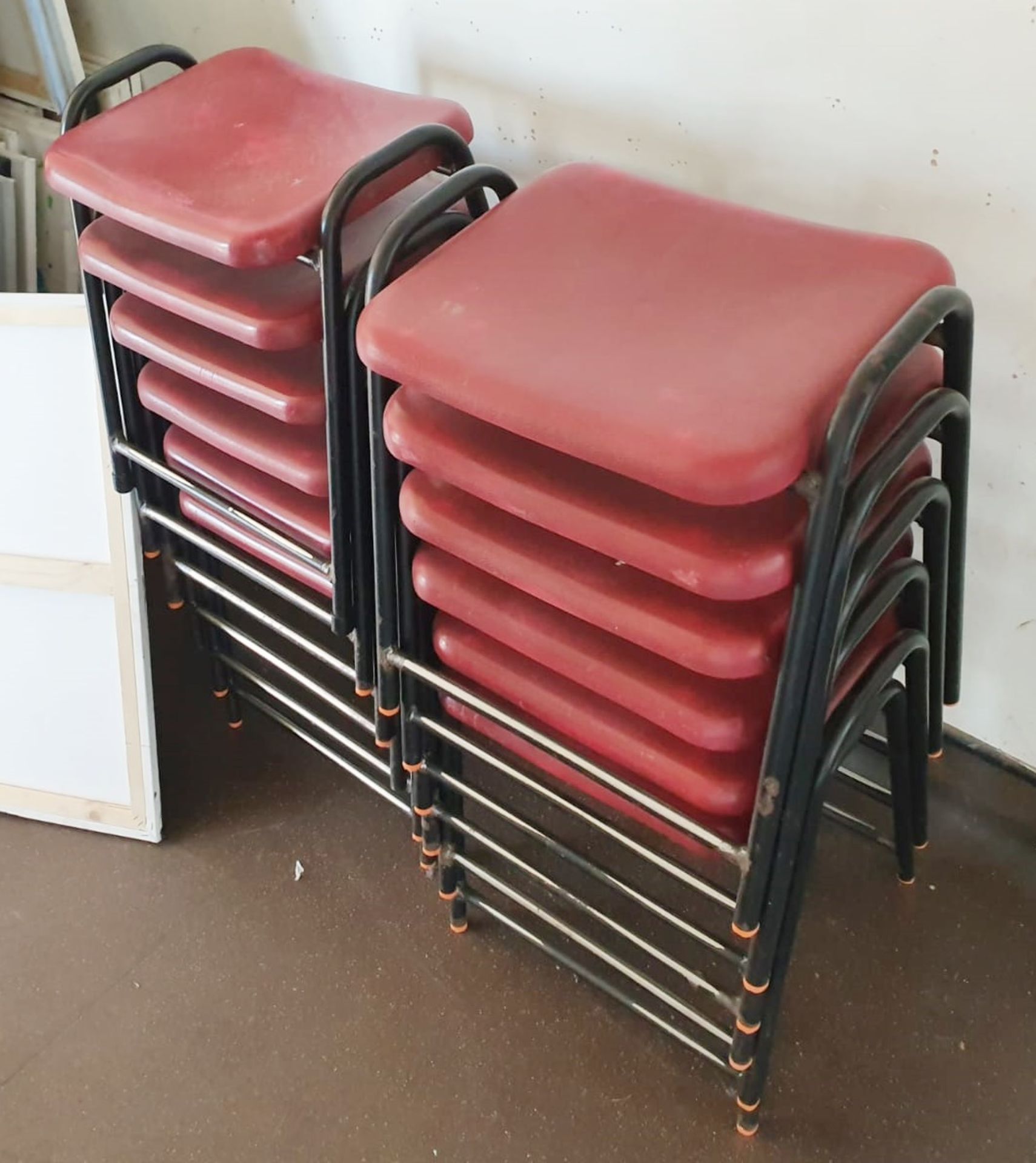 Approx 50 x Red Stackable Seating Stools - Black Metal Frames With Red Seating Pads - CL499 -