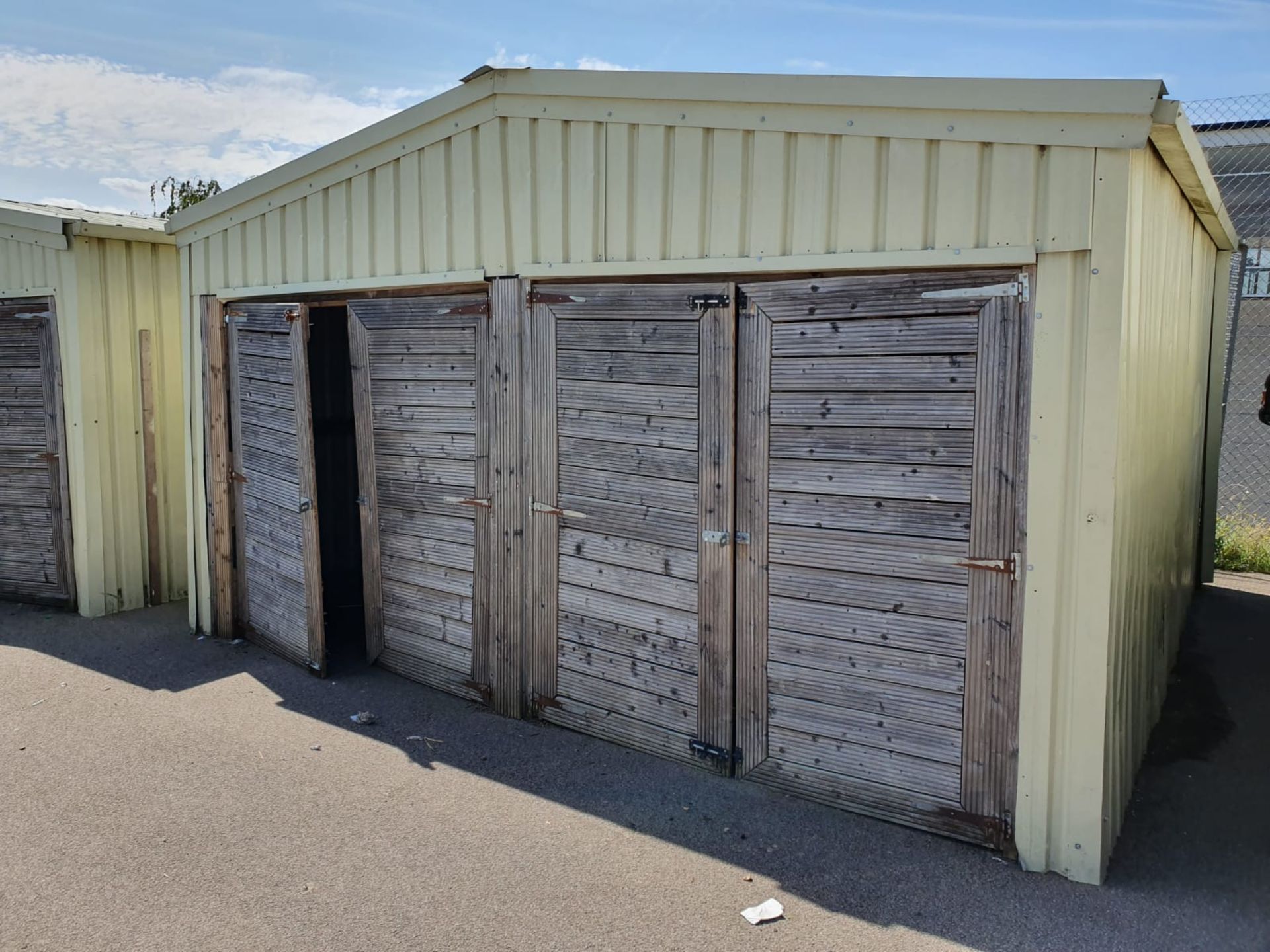 1 x Large Steel Storage Shed Container With Four Wooden Folding Doors - Approx Dimensions 5M x 5M