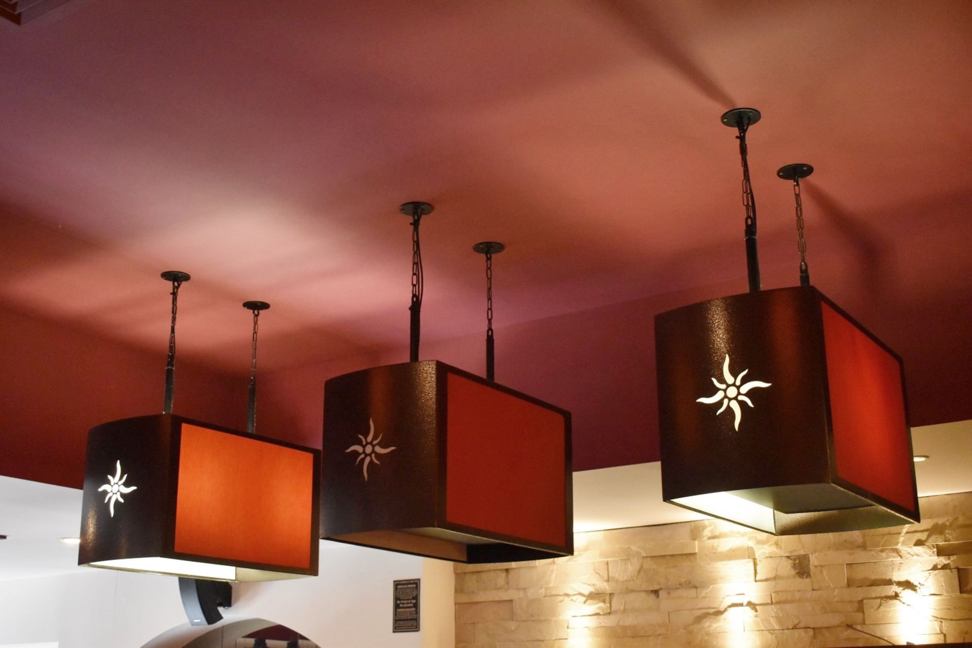 3 x Contemporary Suspended Ceiling Lights in Brown With Cut Out Star Design & Red Fabric Shade Sides - Image 2 of 4