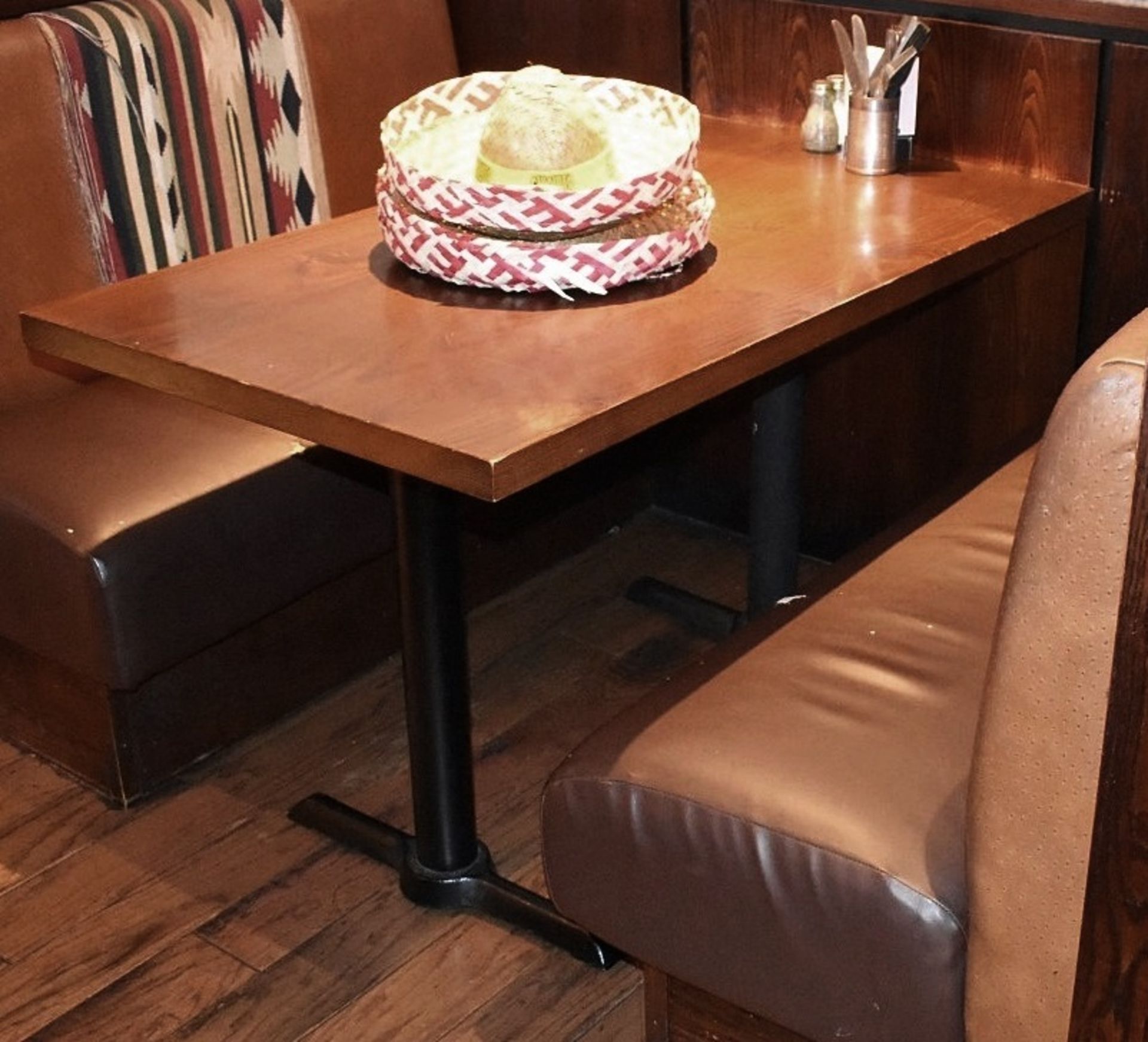 4 x Restaurant Dining Tables With Dark Wooden Tops And Cast Iron Bases