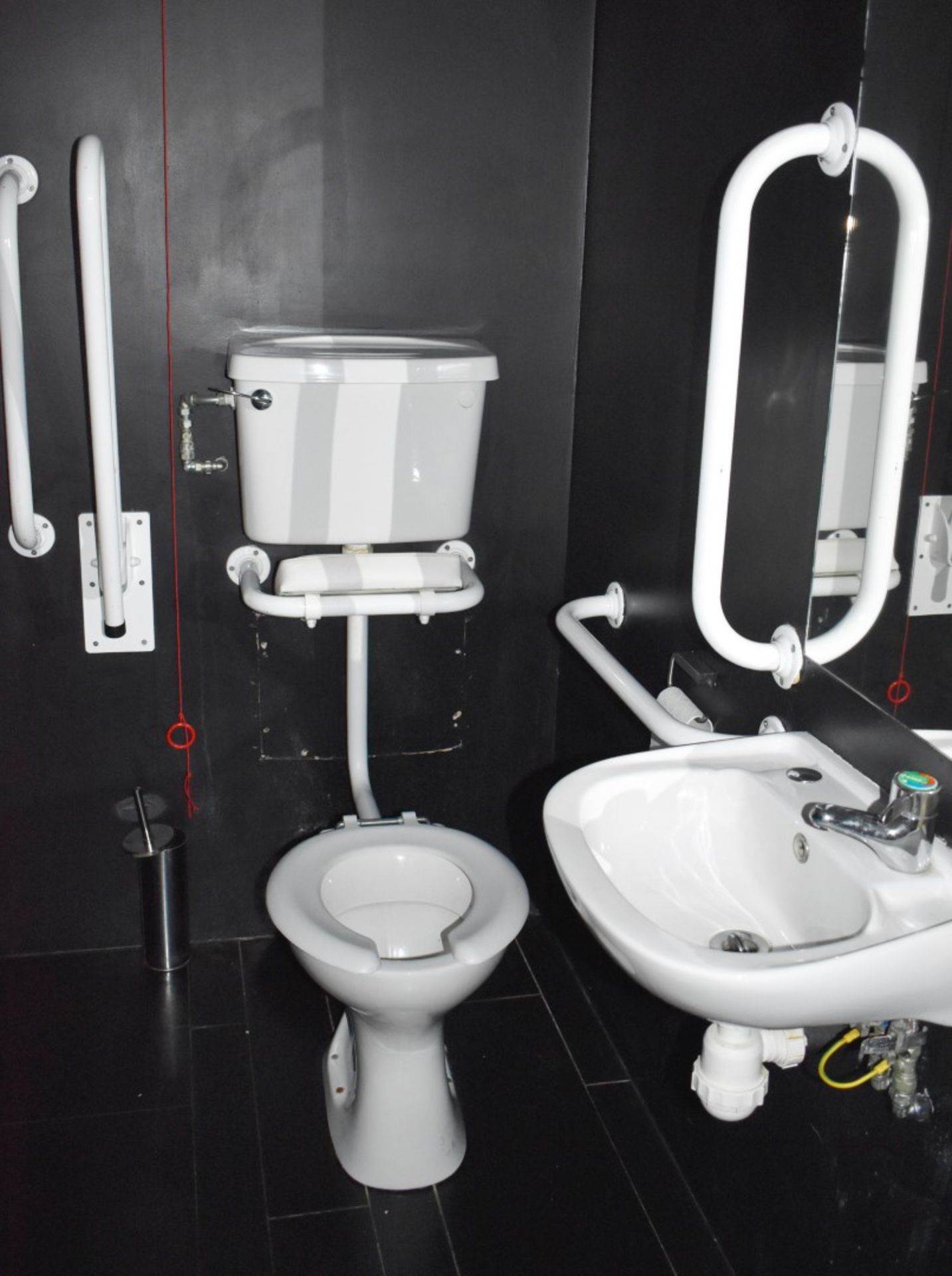 1 x Contents of Disability Toilets - Includes Toilet Basin With Cistern, Various Hand Rails and Sink