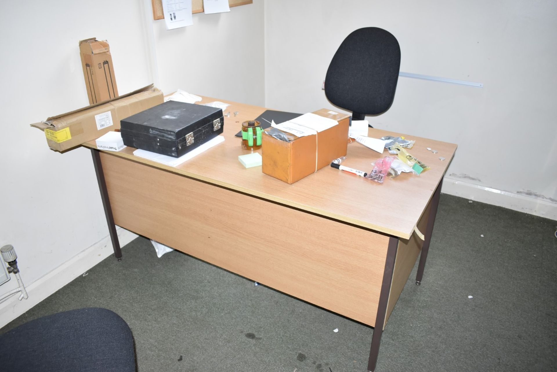 1 x Assorted Collection of Office Furniture - Includes Desk, Chairs, Three Four Filing Cabinets,