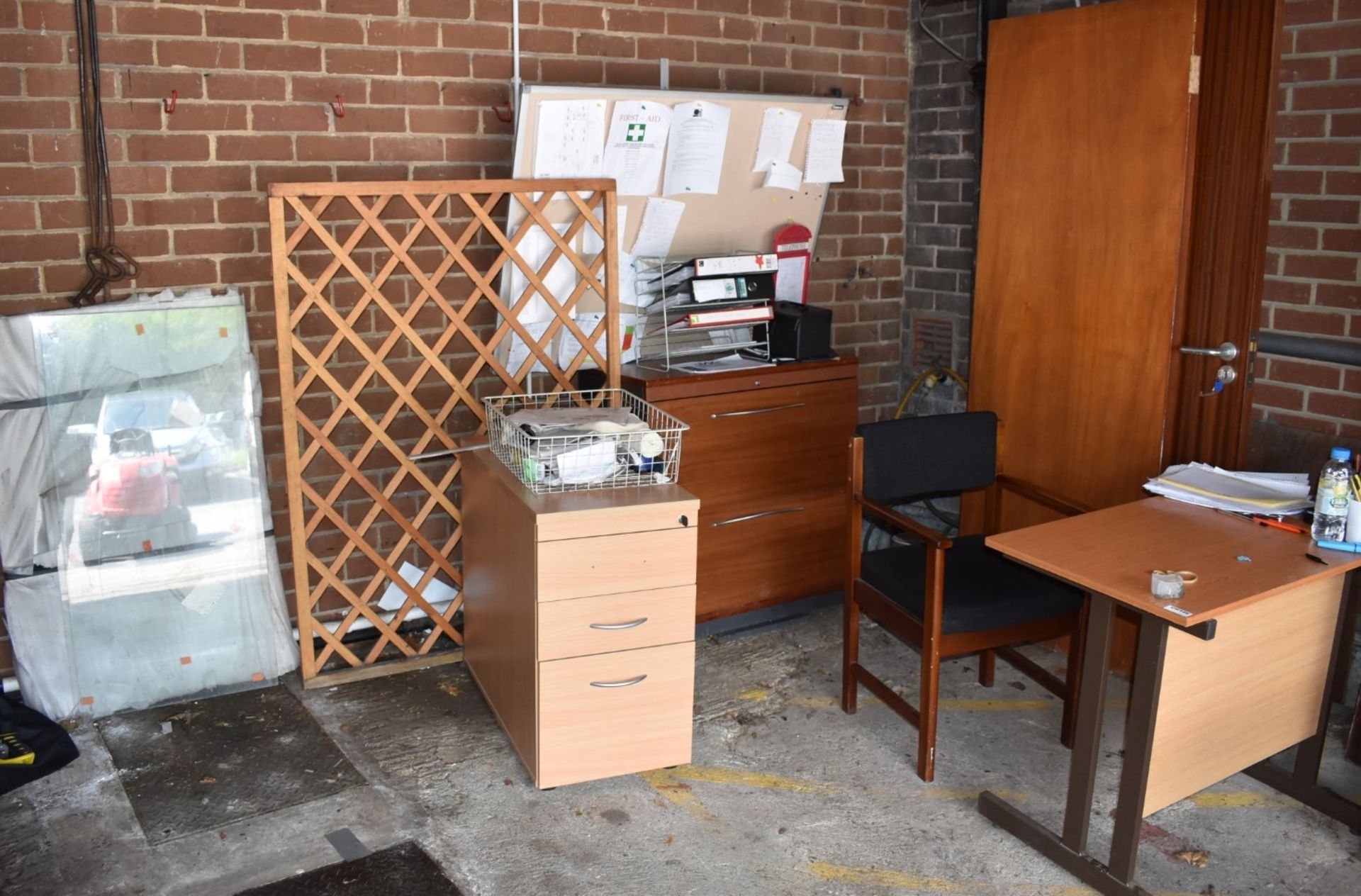 1 x Assorted Collection to Include Desk, Drawers, Filing Unit, Chair, Notice Board, Trellis,