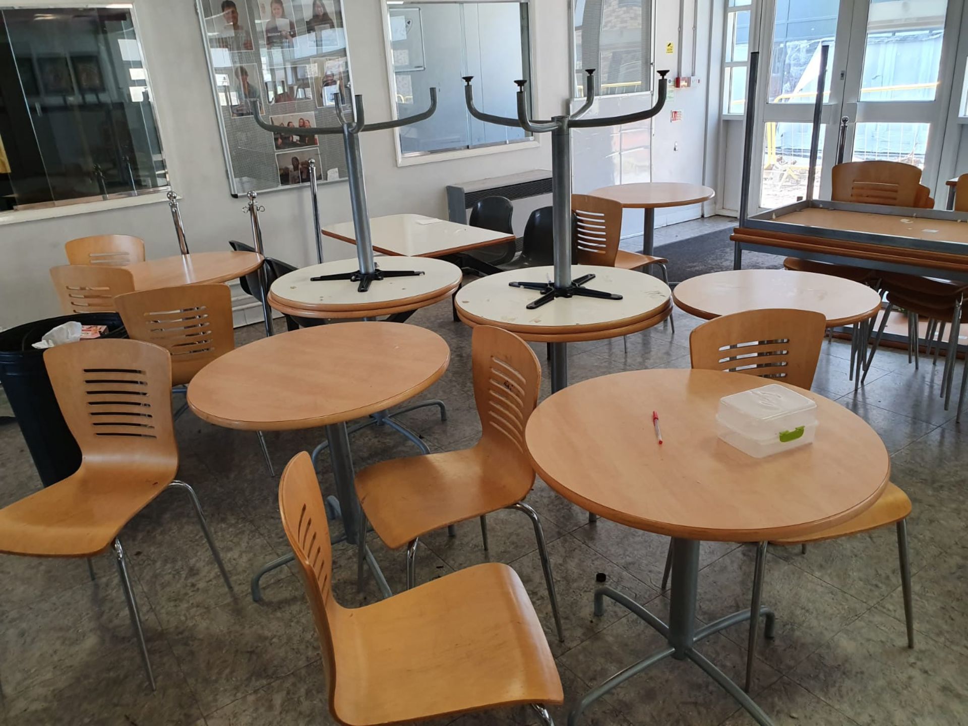 Approx 10 x Canteen Table and Chair Sets to Includes Aprox 10 x Round Tables and 40 x Stackable