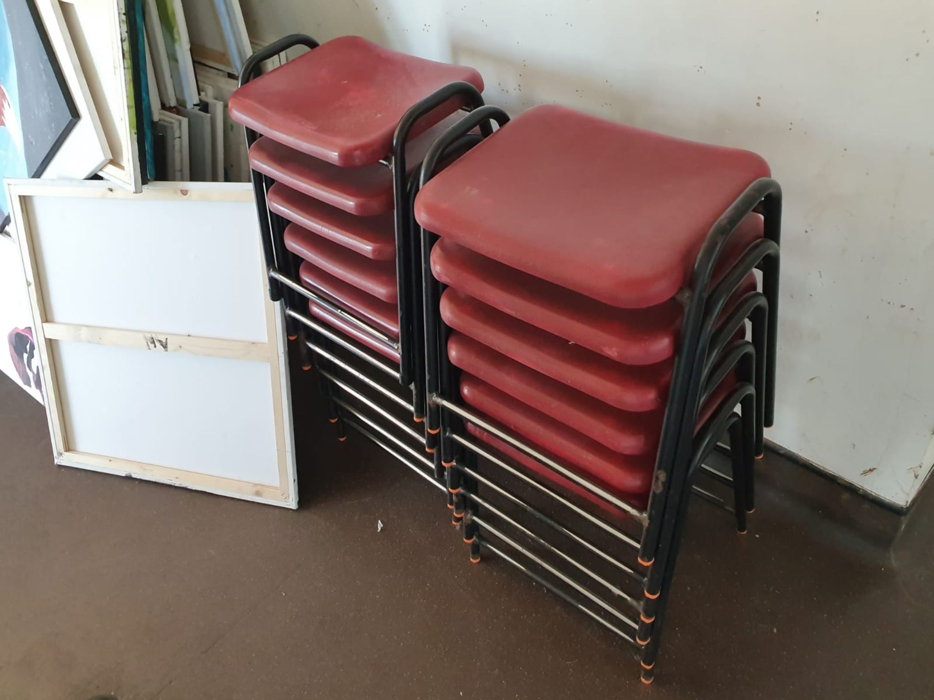 Approx 50 x Red Stackable Seating Stools - Black Metal Frames With Red Seating Pads - CL499 - - Image 2 of 6