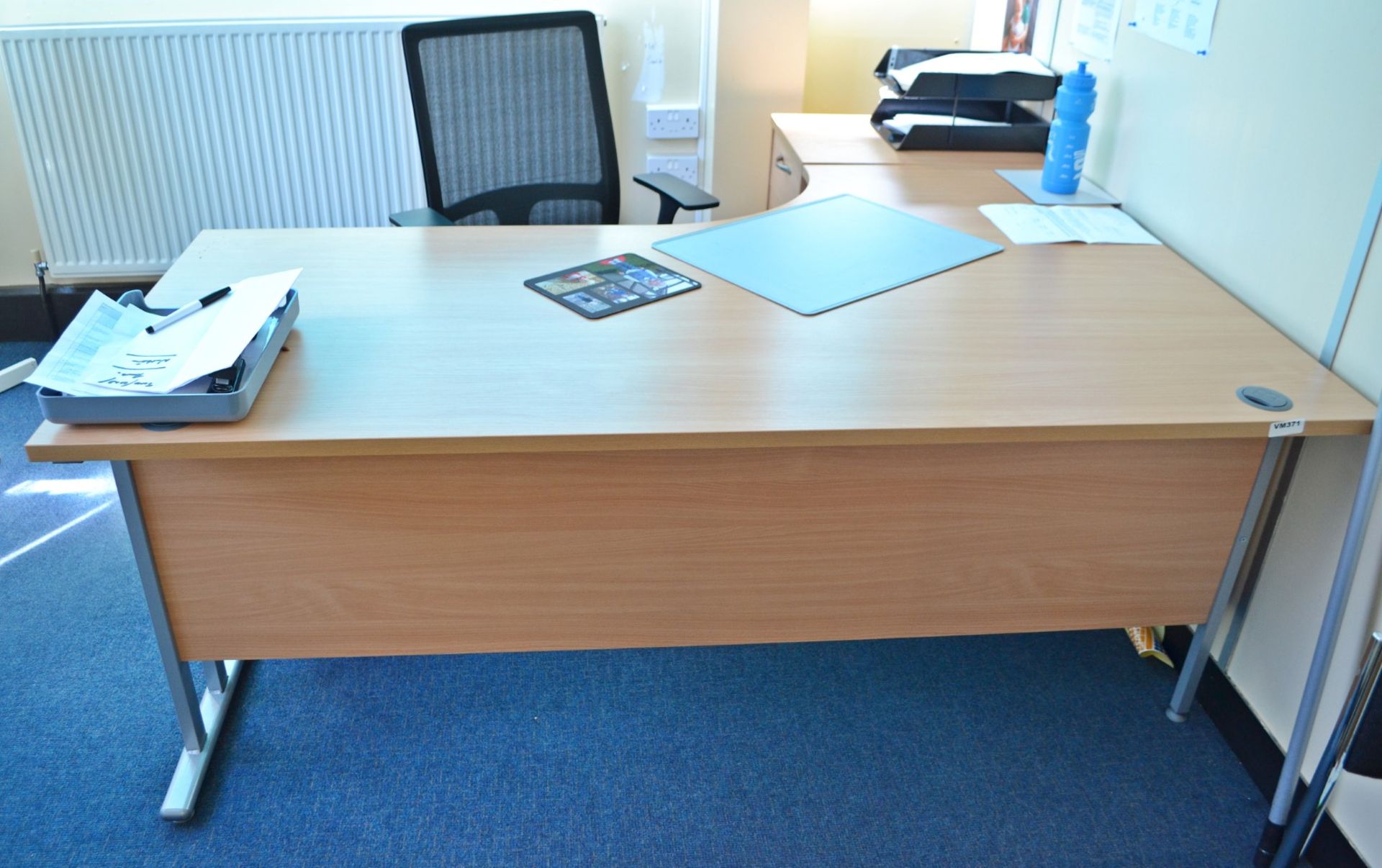 1 x Left Sided Desk And A Matching Pedestal Finished In Beech - CL409 - Ref: VM371 - Location: WF16