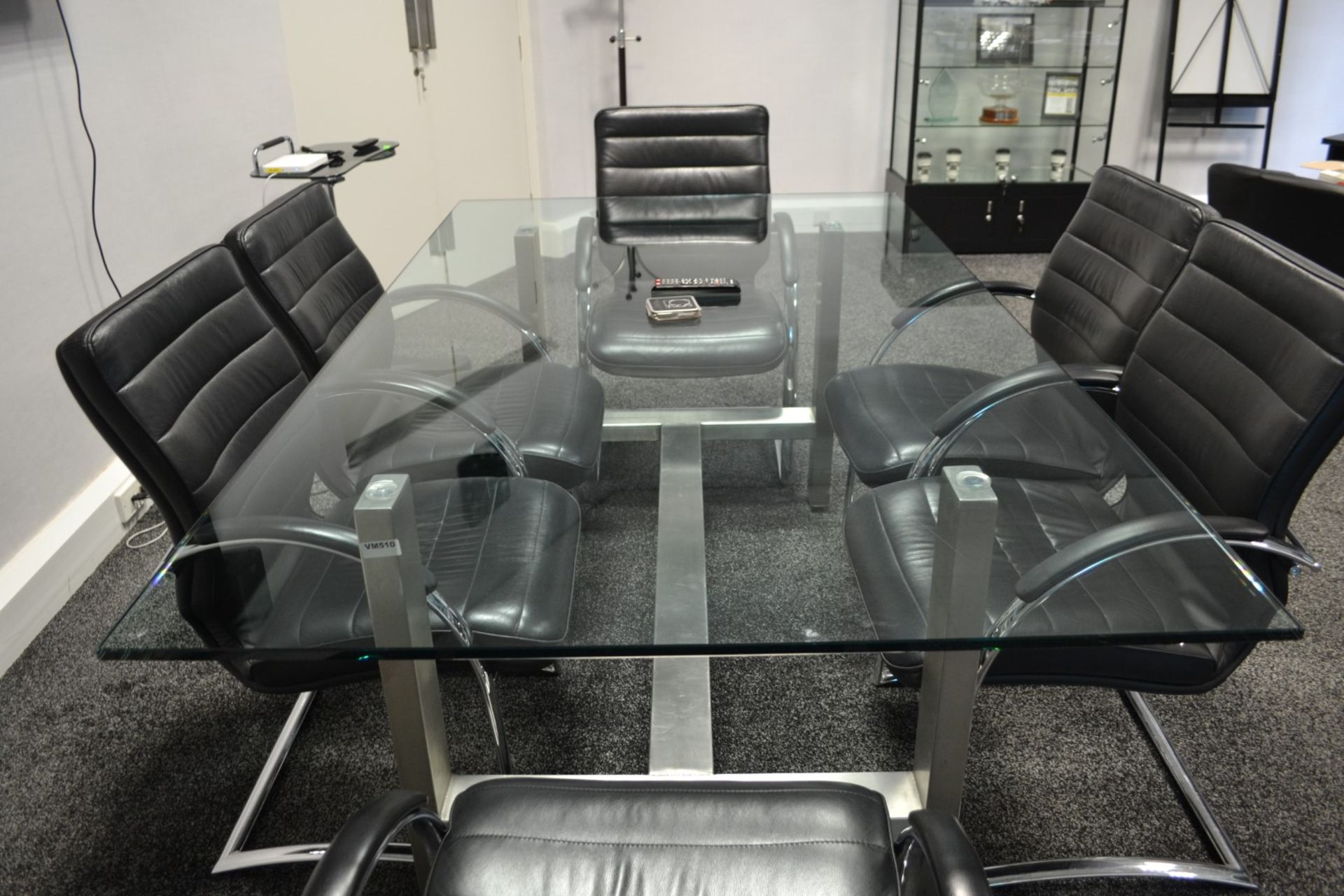 1 x Contemporary Glass Boardroom Table With 6 x Black Leather Directors Chairs - Ref: VM510/A2 - Image 2 of 10