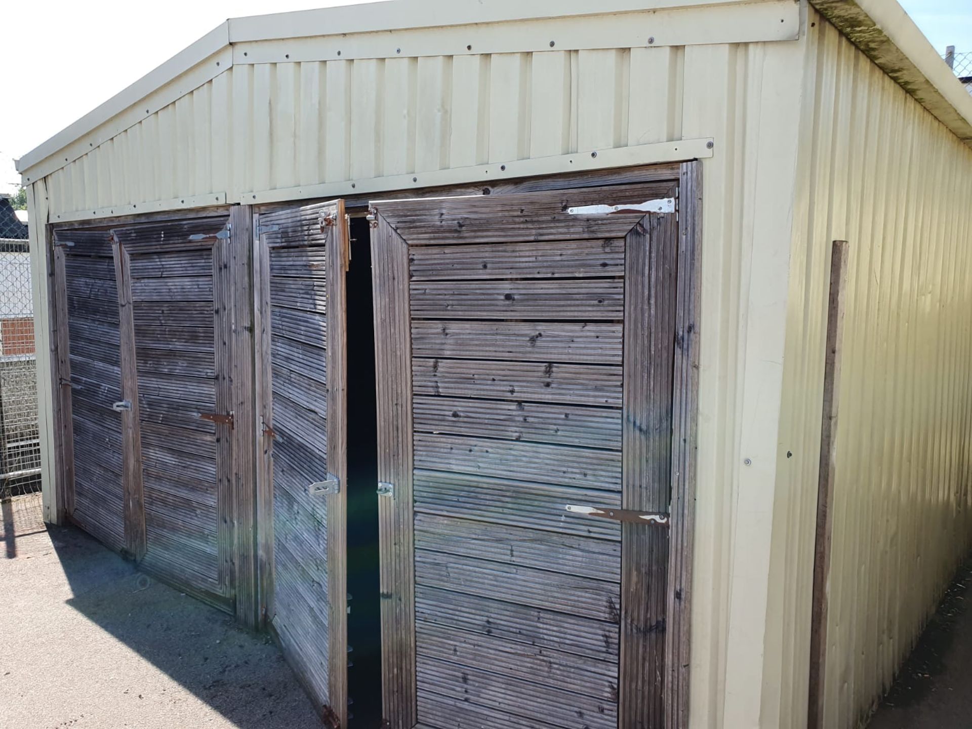 1 x Large Steel Storage Shed Container With Four Wooden Folding Doors - Approx Dimensions 5M x 5M - Image 17 of 18