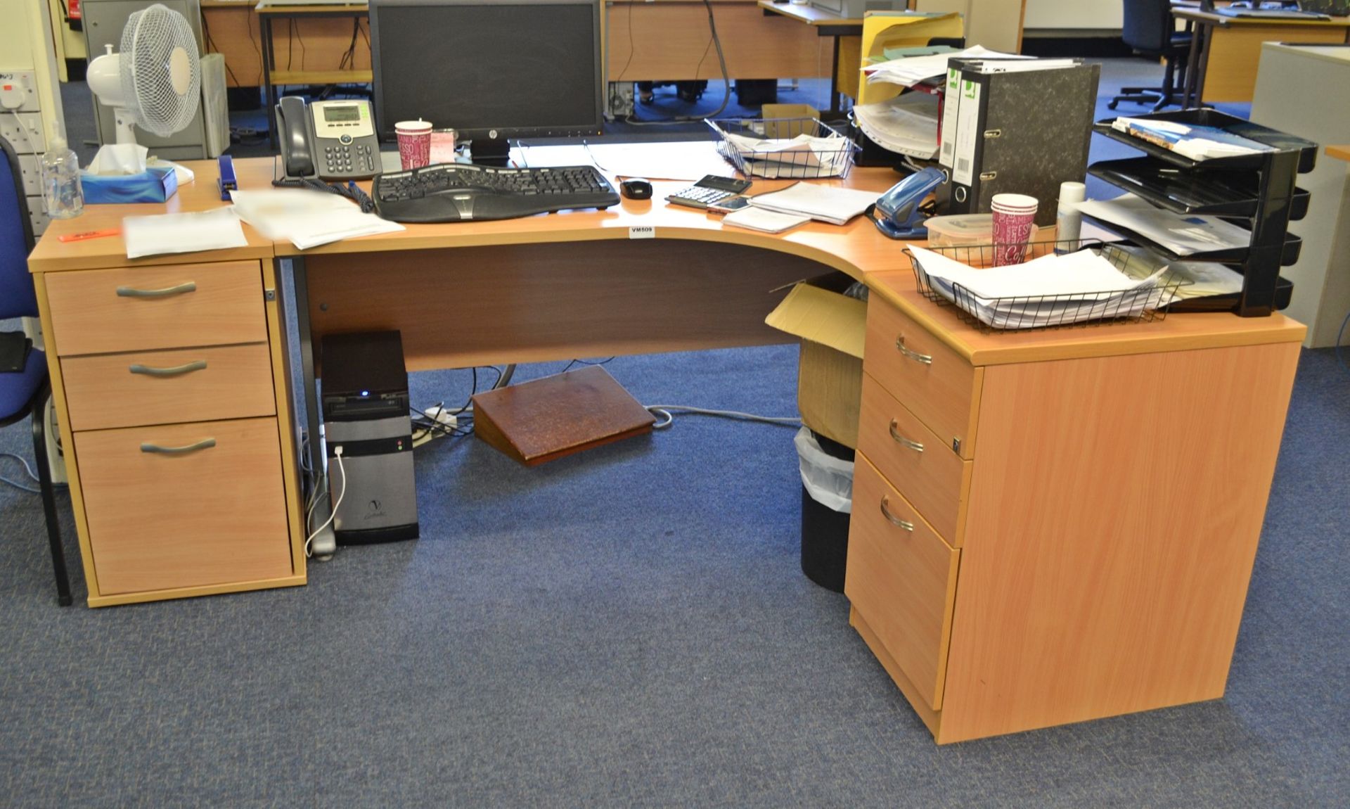 Beech Office Desk and 2 x Pedestals Set - Ref: VM509/Main Landing B1 - CL409 - Location: Wakefield