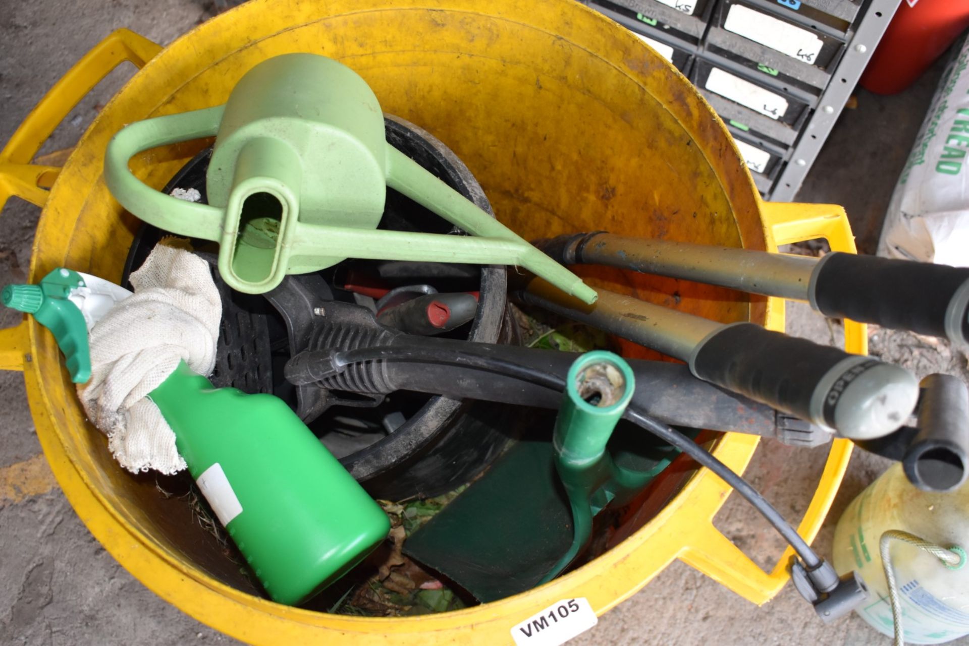 1 x Yellow Waste Bin With Selection of Gardening Tools and Air Pump - Ref VM105 B2 - CL409 - - Image 2 of 5