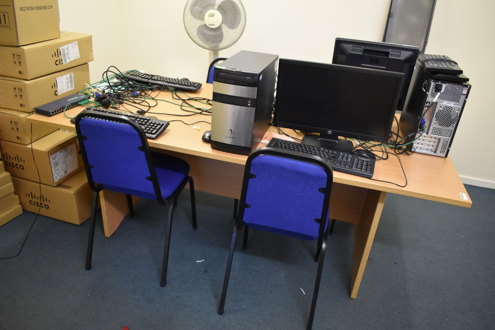 1 x Boardroom Office Table in Beech - Includes Four Matching Blue Chairs - Lenght 200 x Width 100