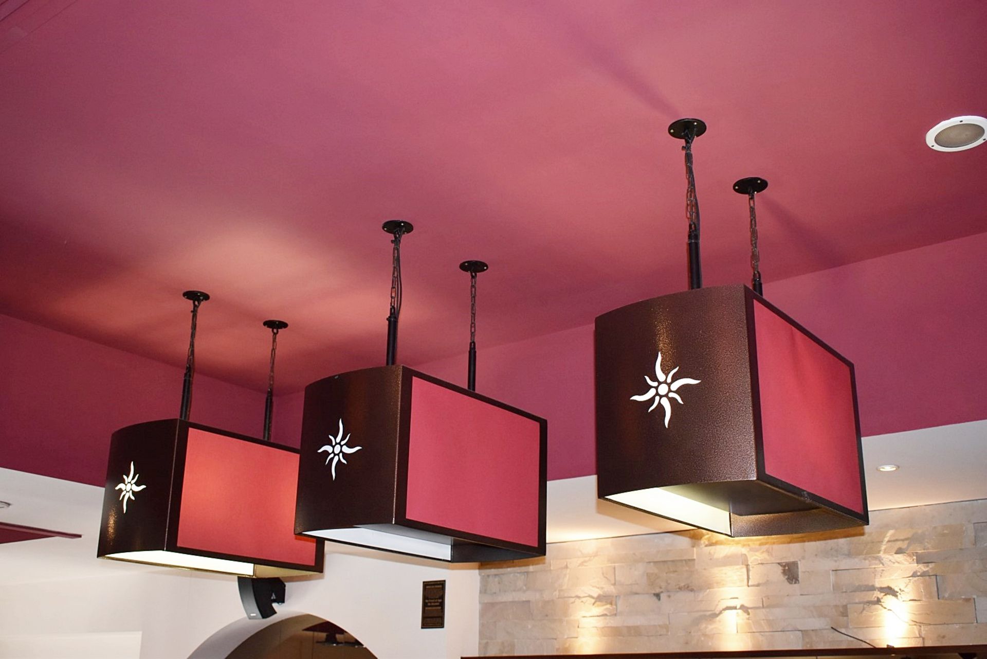 3 x Contemporary Suspended Ceiling Lights in Brown With Cut Out Star Design & Red Fabric Shade Sides