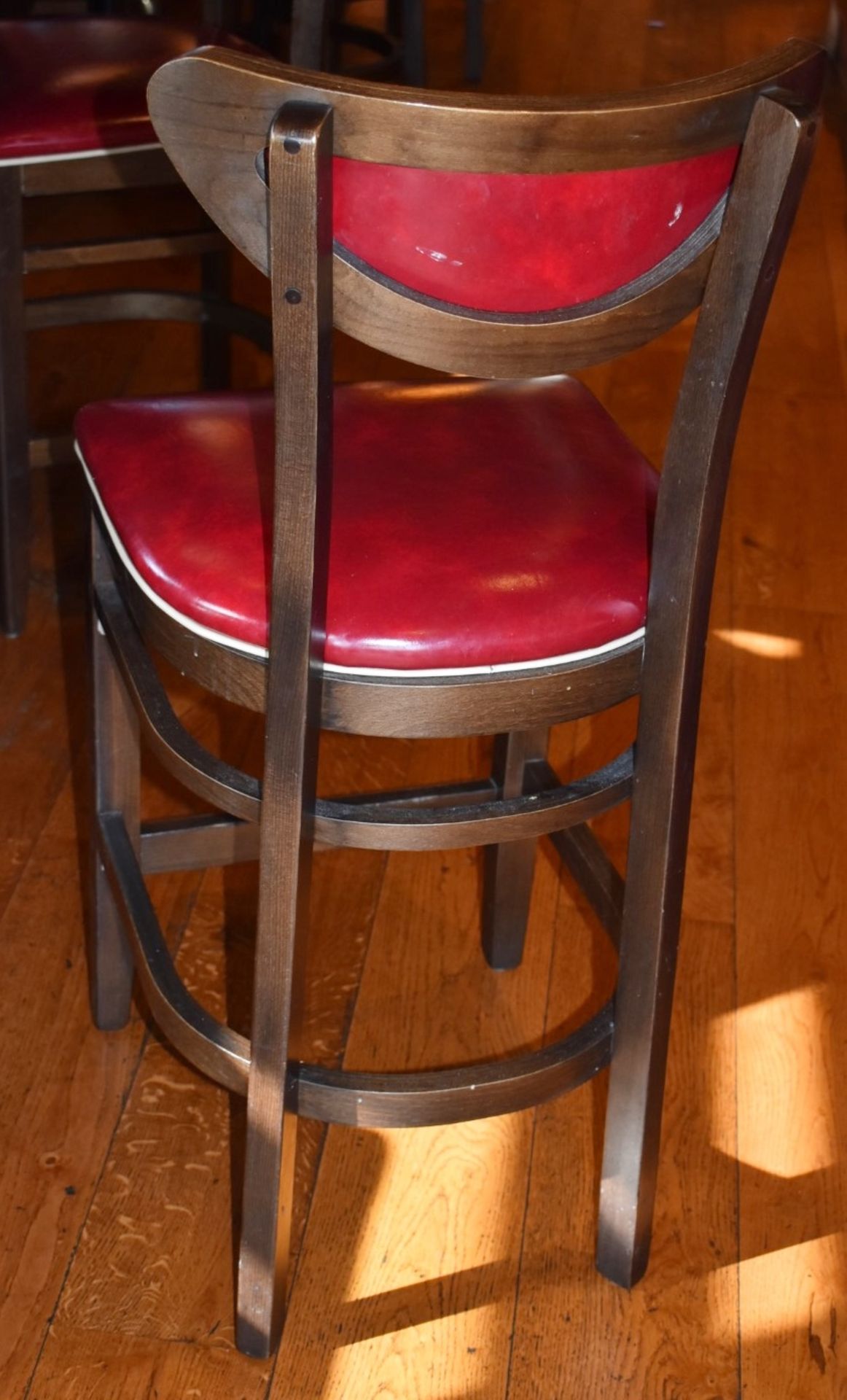 4 x Wine Red Faux Leather Bar Stools From Italian American Restaurant - Retro Design With Dark - Image 6 of 6