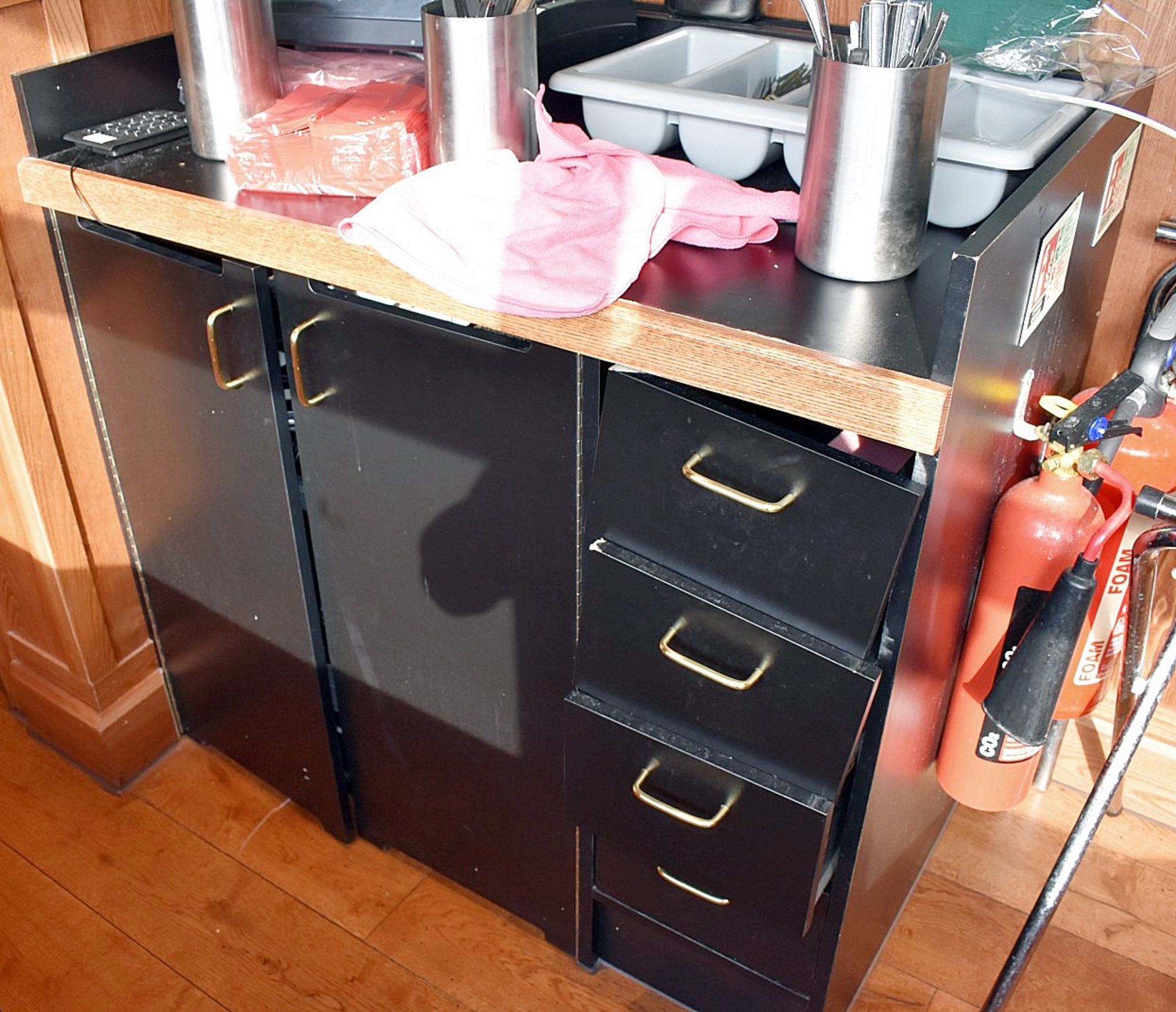 1 x Waiter / Waitress Black Service Counter With Cupboard and Drawers - CL499 - Location: London