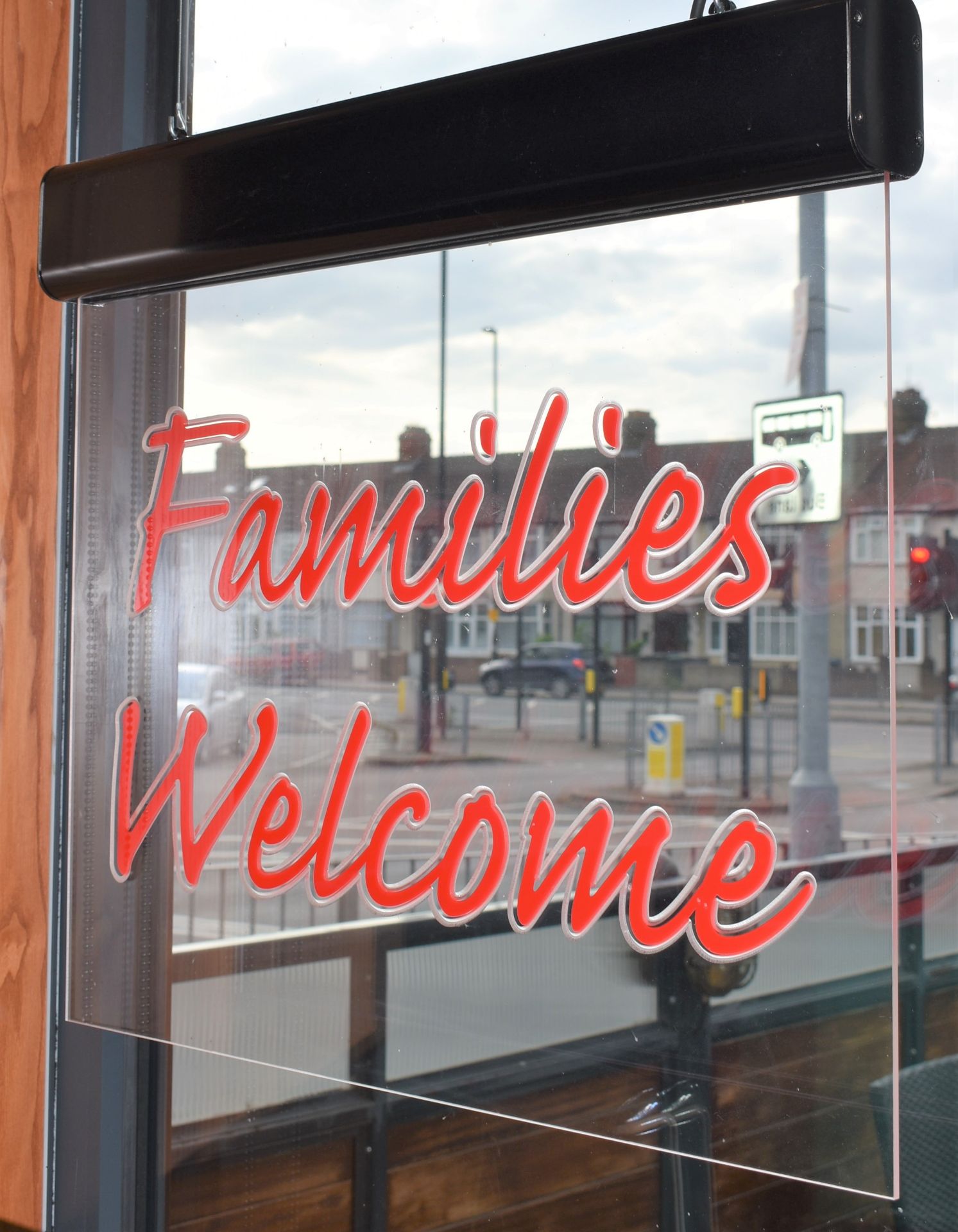 1 x Neon Effect Illuminated FAMILIES WELCOME Hanging Acrylic Sign - 65 x 60 cms - CL499 -