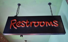 1 x Neon Effect Metal Suspended RESTROOMS Toilet Sign - H33 x W90 x D15 x Drop Chain Size 67 cms -