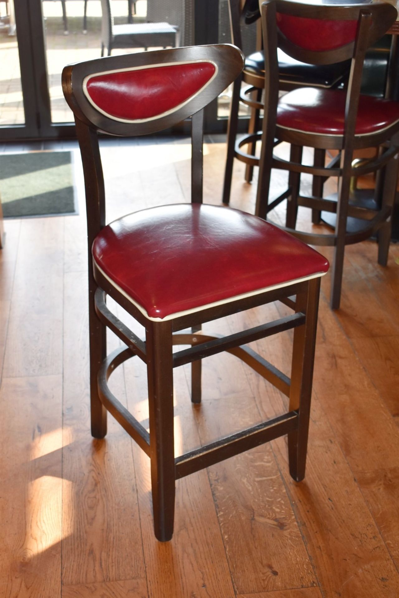 4 x Wine Red Faux Leather Bar Stools From Italian American Restaurant - Retro Design With Dark - Image 2 of 6