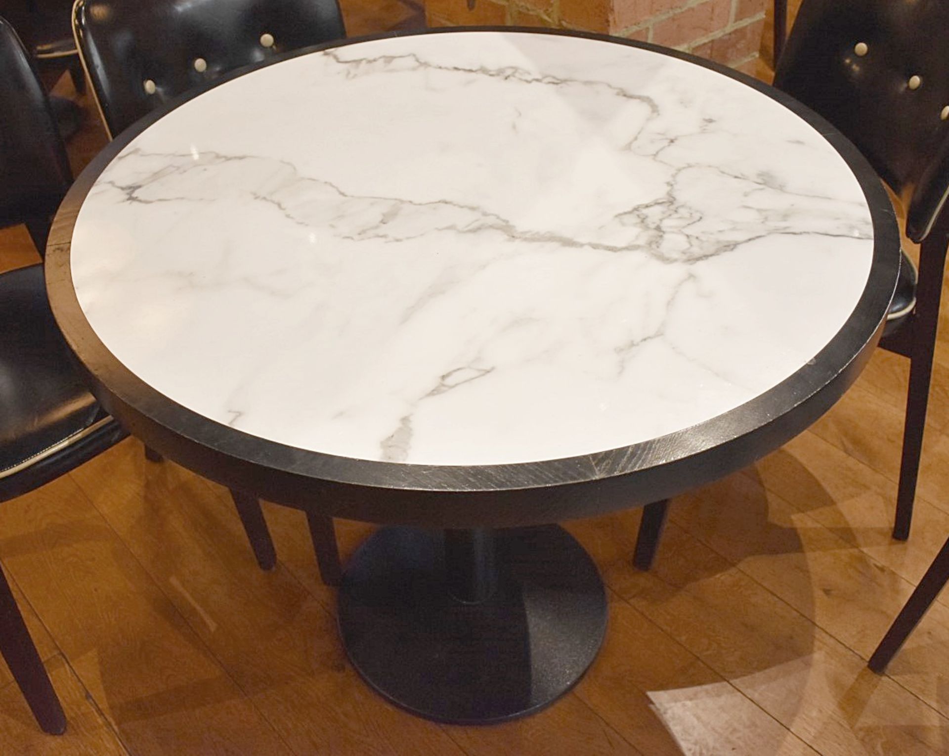 4 x Round Restaurant Dining Tables With White Granite Stone Inserts, Black Frames and Cast Iron - Image 3 of 6