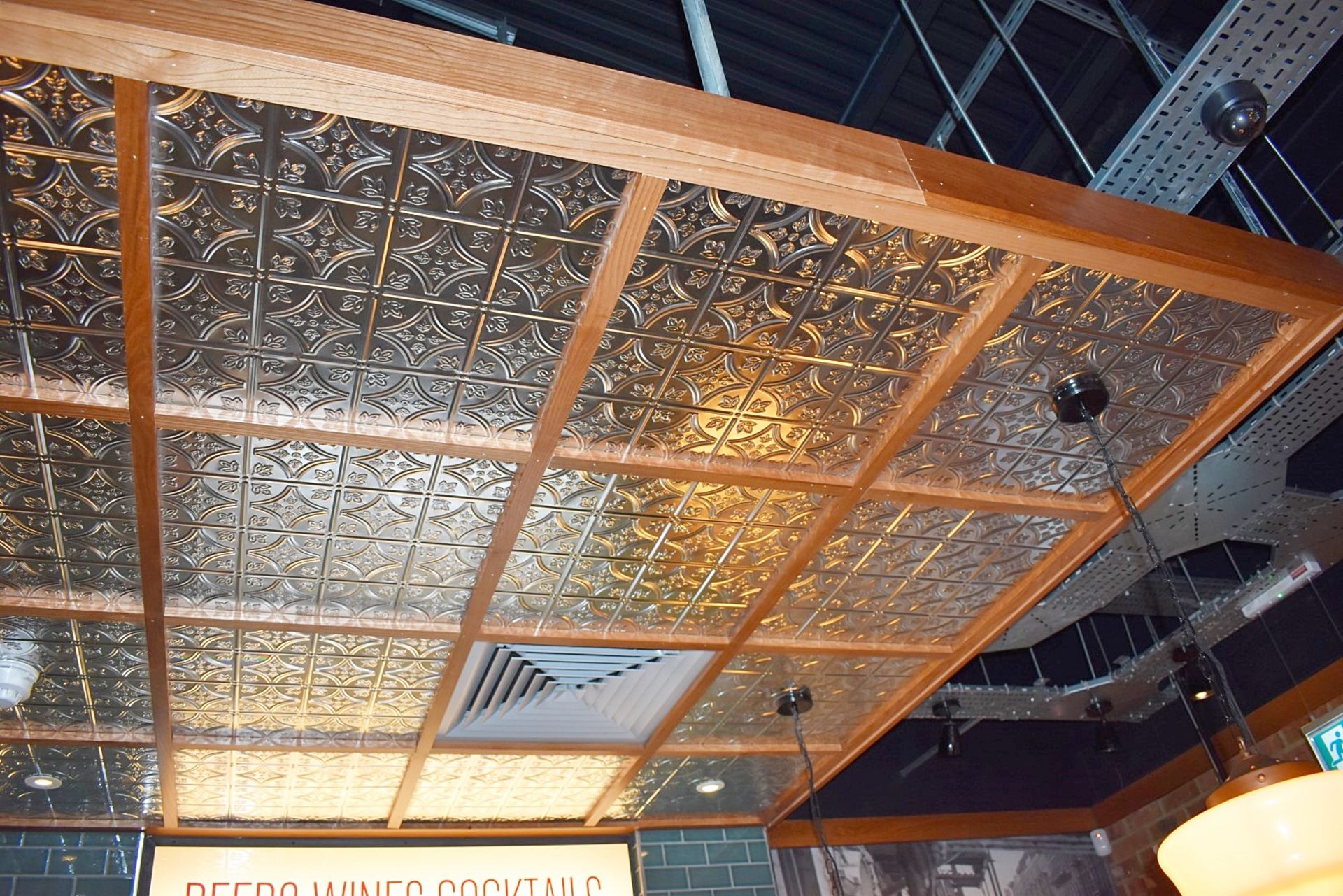 1 x Suspended Decorative Ceiling Feature With a Light Wood Frame and Ornate Tin Insert Panels - L470 - Image 7 of 12