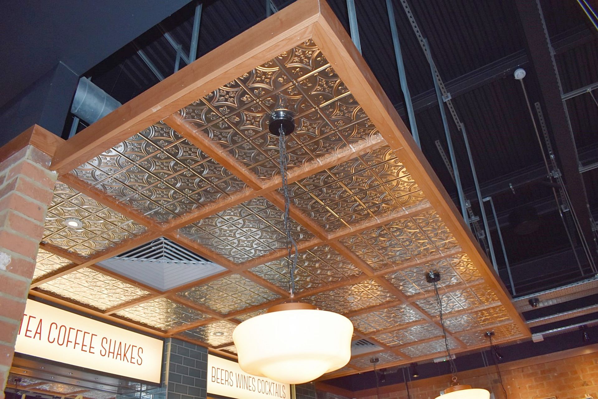 1 x Suspended Decorative Ceiling Feature With a Light Wood Frame and Ornate Tin Insert Panels - L470