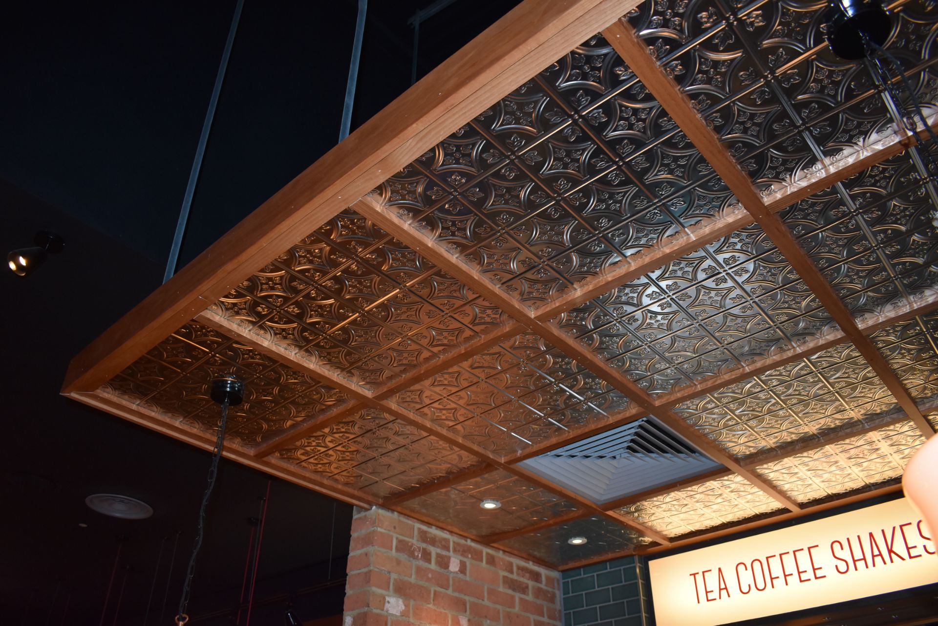 1 x Suspended Decorative Ceiling Feature With a Light Wood Frame and Ornate Tin Insert Panels - L470 - Image 9 of 12