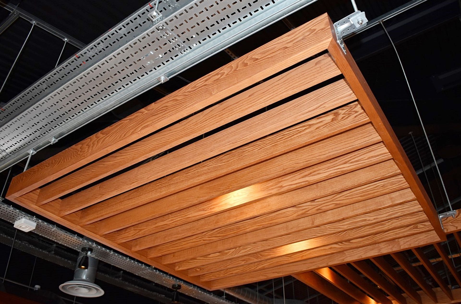 2 x Large Suspended Square Slatted Bespoke Ceiling Features - 175 x 175 x 10 cms - Contemporary